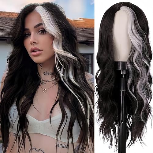 Sabosi Long Wavy Black White Wigs for Women 26 Inch Middle Part Curly Wavy Wig Natural Looking Synthetic Heat Resistant Fiber Wig for Daily Party Use - Black and White