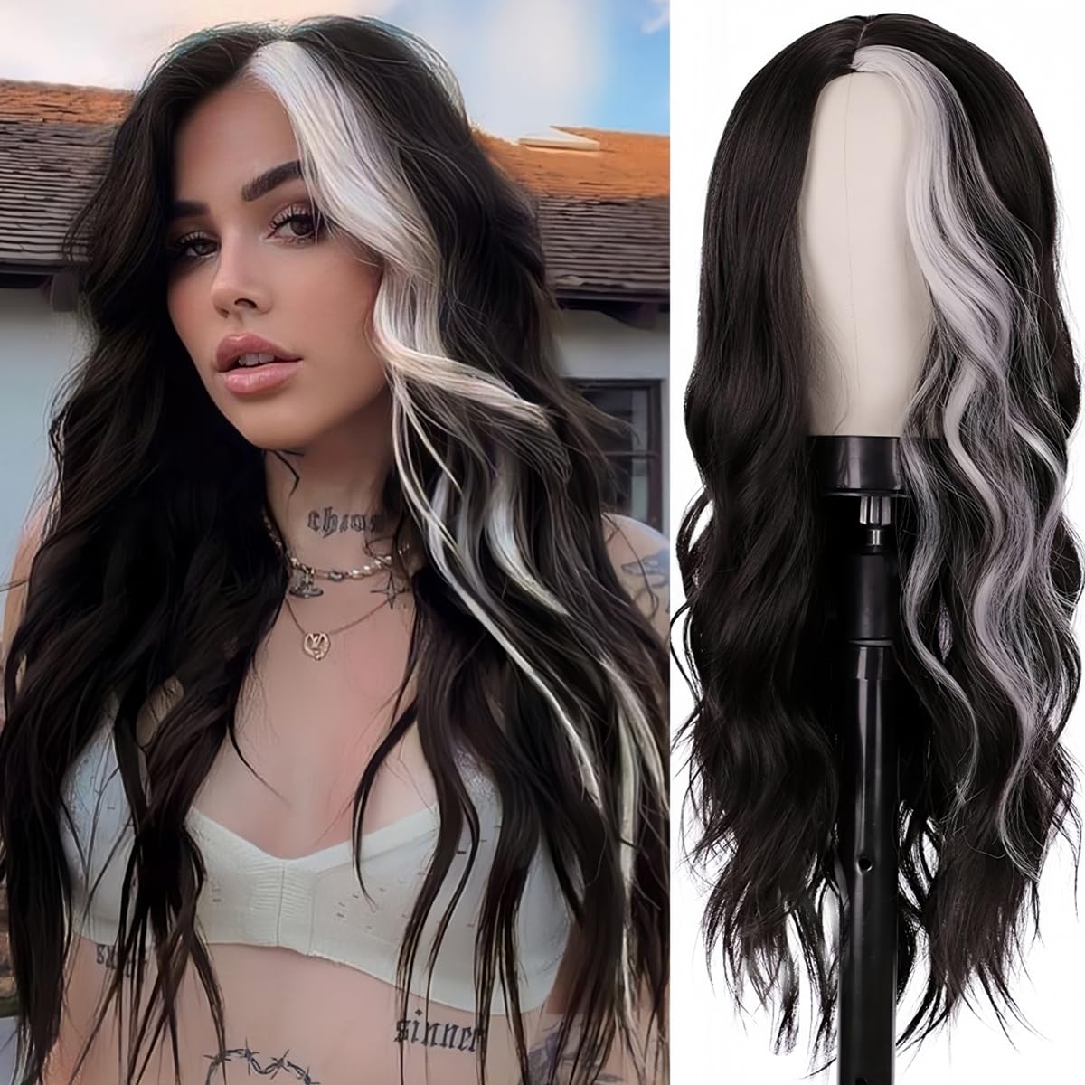 Sabosi Long Wavy Black White Wigs for Women 26 Inch Middle Part Curly Wavy Wig Natural Looking Synthetic Heat Resistant Fiber Wig for Daily Party Use…