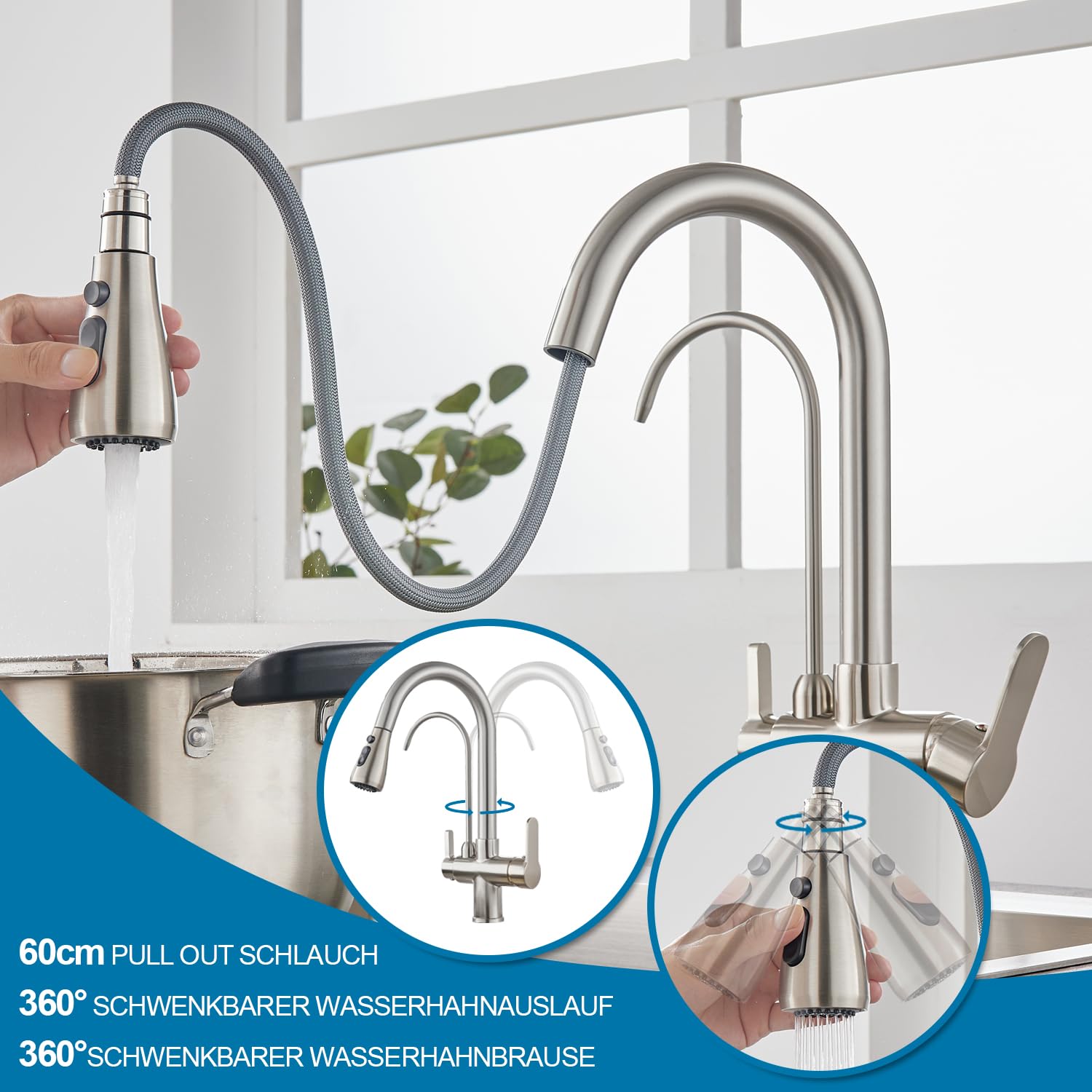 Grifo de cocina con filtro de agua 3 en 1, grifo de cocina extraíble, grifo de fregadero con dos salidas