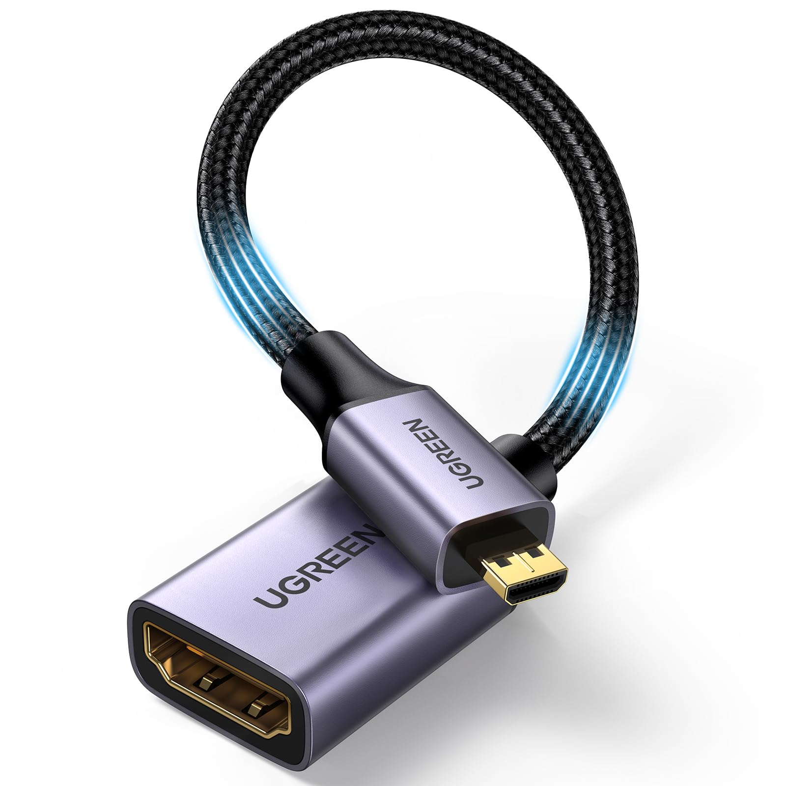 UGREEN 4K Micro HDMI auf HDMI Adapter 4K@60Hz 1080P Nylon Geflecht Micro HDMI Kabel 3D eARC/ARC HDR VRR kompatibel mit Raspberry Pi 5/4, Hero Black, ODROID usw, 25cm(Grau)