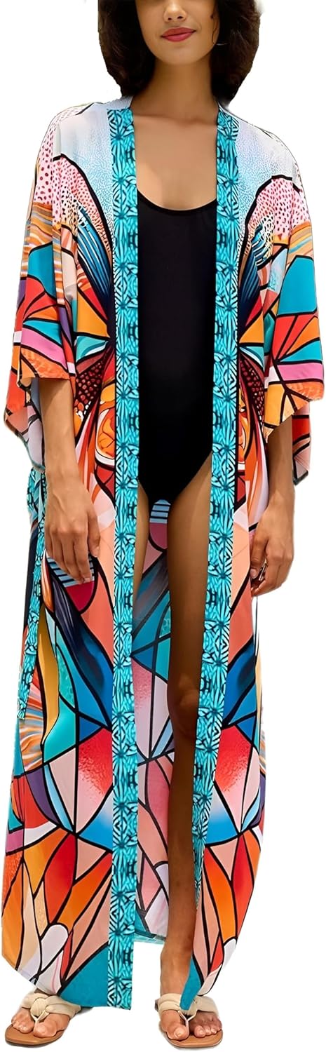 Women’s Kimono Cover Up Long Beach Dress Swimsuit Cover Ups Colorful Cardigan Lightweight Robe for Swimwear