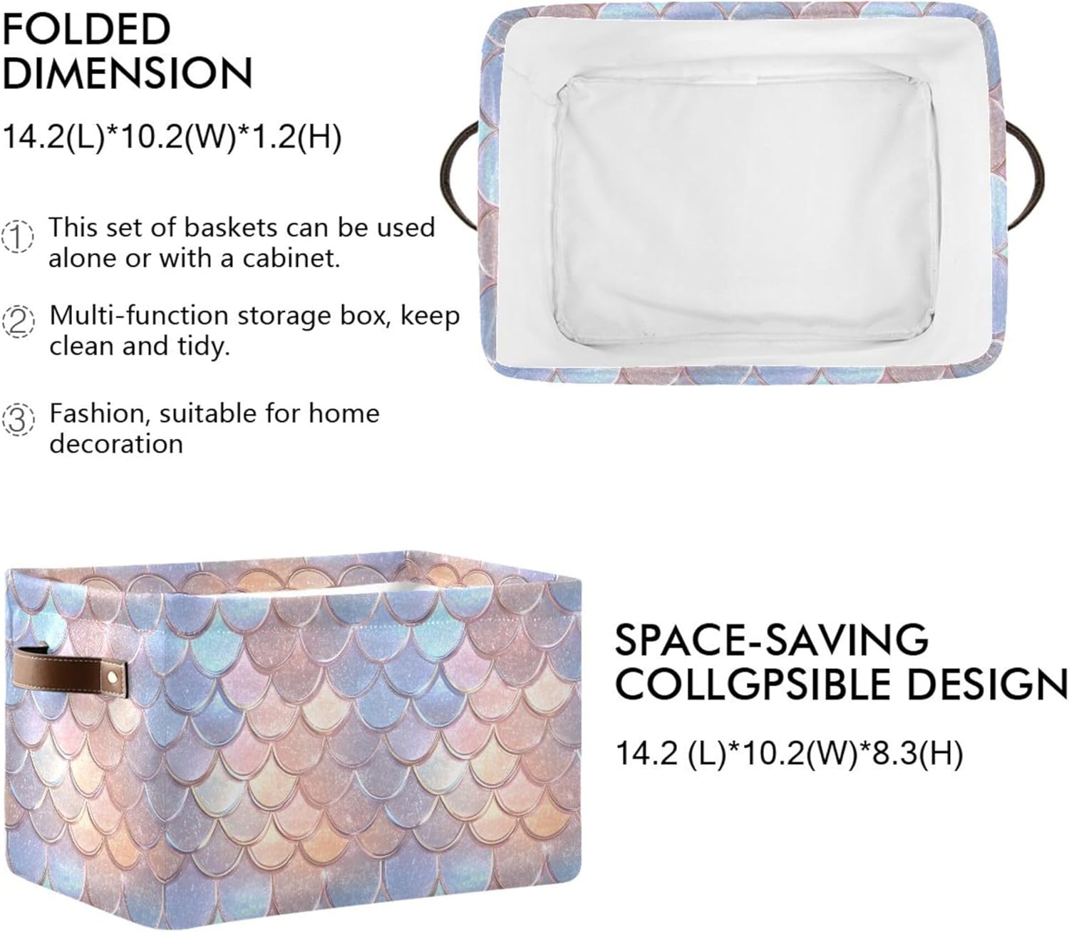 MNSRUU Storage Basket Glittering Dragon Scales Collapsible Organizer Basket for Shelves with PU Handles, Decorative Waterproof Nursery Laundry Storage Cubes Bins, 2 Pack