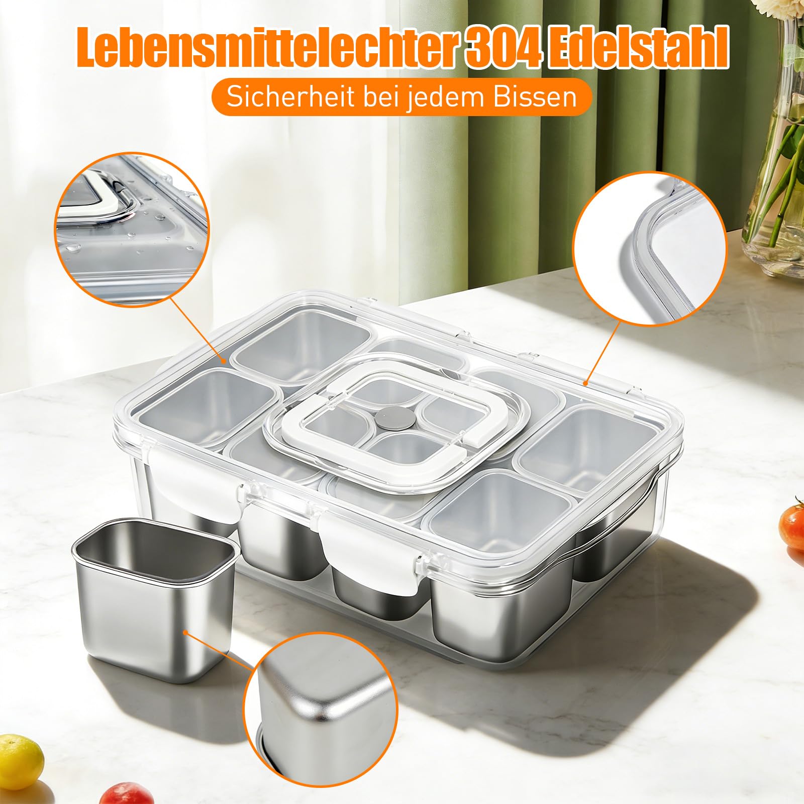 Snackbox mit 8 Edelstahl Fächern Tragbar Snack Aufbewahrungsbox mit Deckel und Griff, Auslaufsicherer Snackdose Organizer für Snacks Süßigkeiten Keksen Dessert GemüseNüsse Obst Gewürze