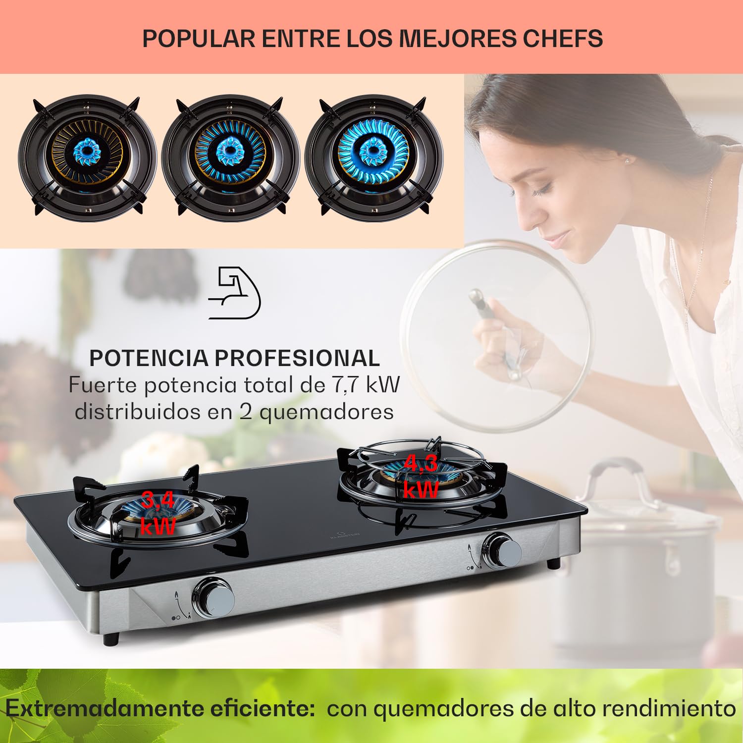 Klarstein Encimera de Gas Portátil Con 2 Quemadores - Placa de 7.7KW Para - Quemador Wok de Acero Inoxidable - Ideal Para Camping