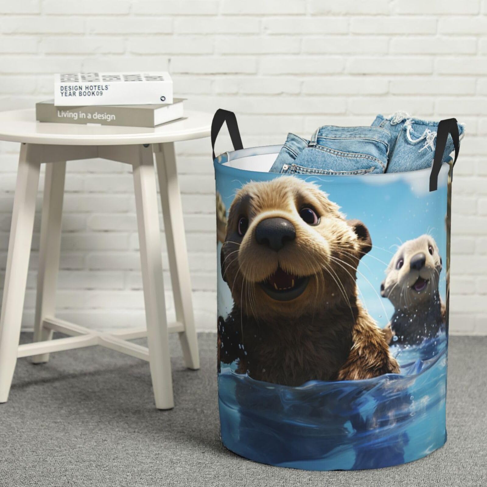 Fodpand Black Lovely Sea Otter Print Laundry Basket With Handle, Freestanding Laundry Hamper, Collapsible Dirty Clothes Hamper, Waterproof Fabric Blanket Storage Basket Tall Toy Storage Bin Room Decor Medium