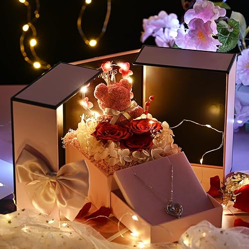 Miniatura 10 de Caja de oso de peluche con flores preservadas, collar con texto en inglés "I Love You" en 100 idiomas para novia, mamá, esposa, abuela, Navidad, San