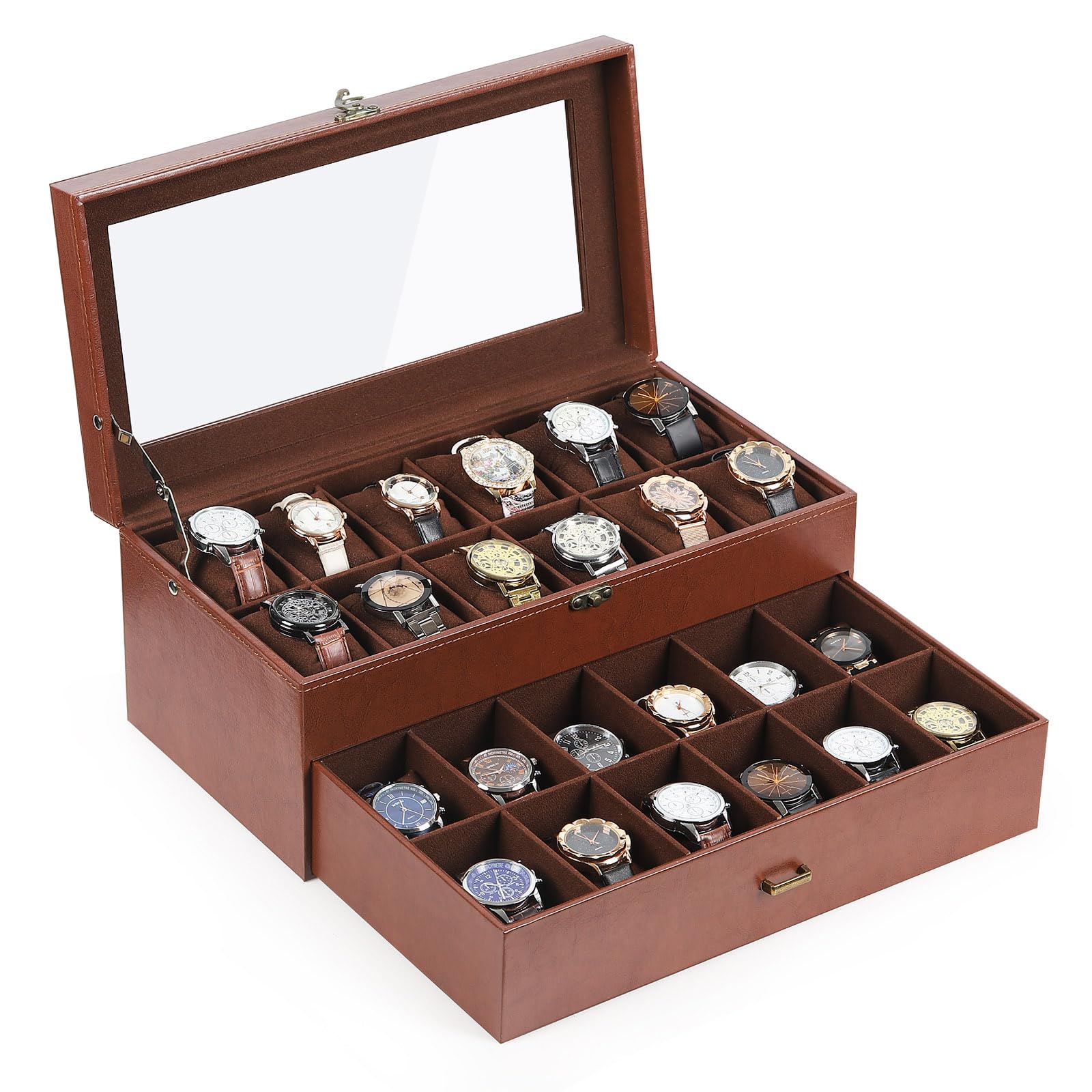 AUTOARK Leather & Velvet 24 Watch Box Glass Top Jewelry Display Drawer Lockable Case Organizer,Removable Watch Pillows,Coffee,MKAW033