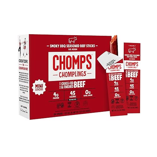 Chomps Palitos de carne seca ahumada para barbacoa alimentada con pasto y acabada, 0.5 onzas, paquete de 24 Keto, Paleo, Whole30, 0.14 oz de