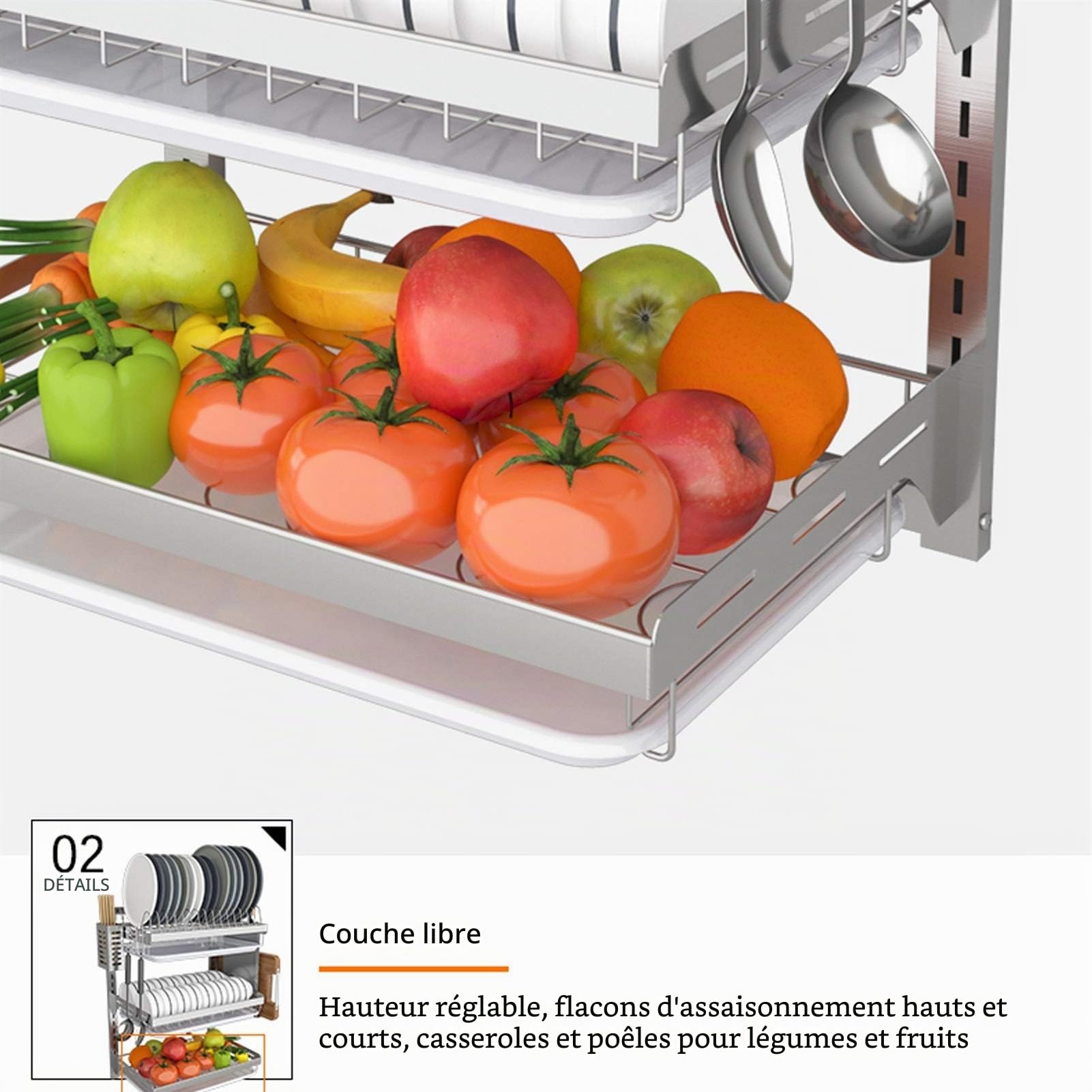 Panier À Égouttoir Mural en Acier Inoxydable pour Cuisine avec Support Perforé - 2 Couches / 3 Couches. (Size : 3 layers-High21.9in)