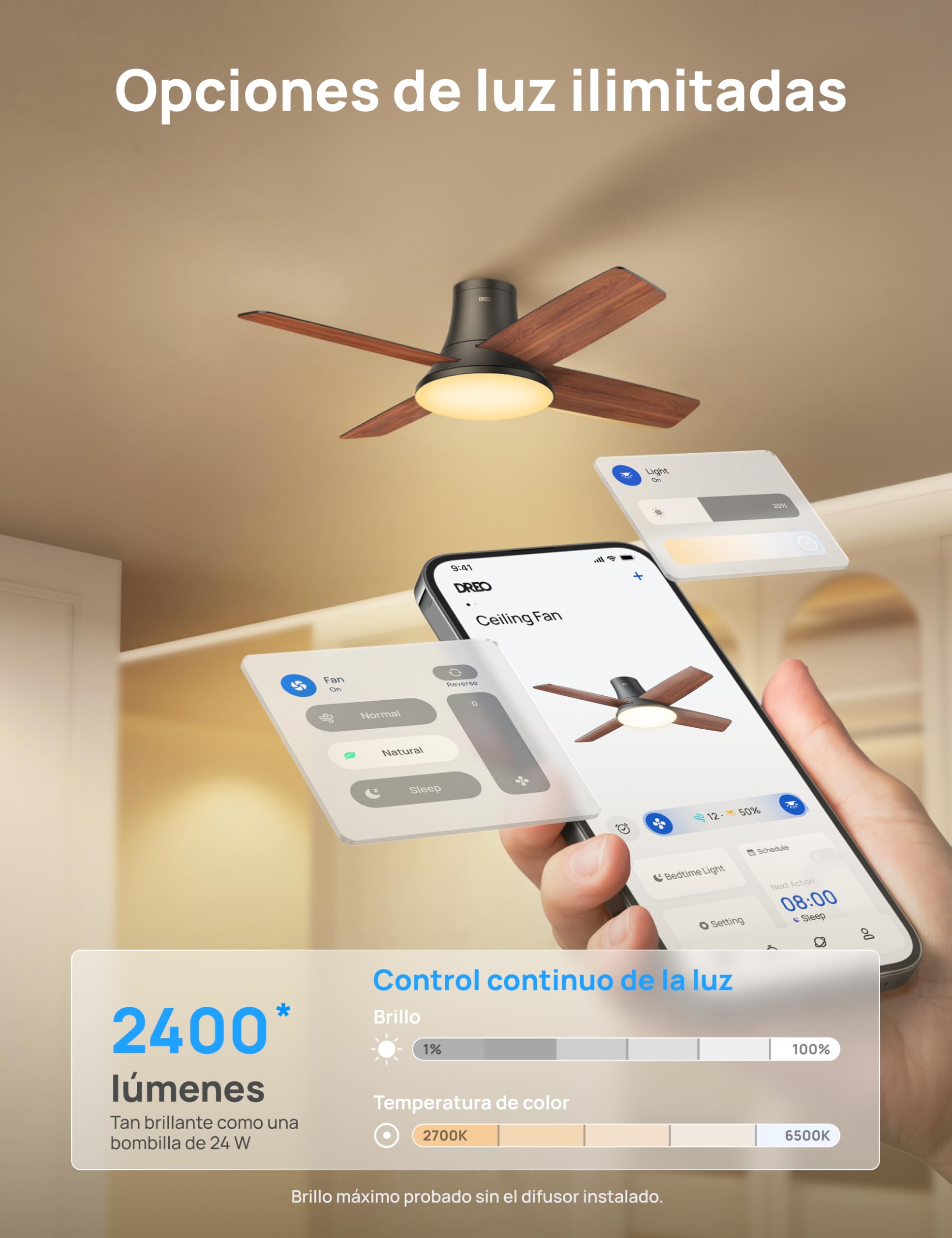 Dreo ventilador de techo con luz, 12 velocidades(APP), 3 modos, motor CC silencioso, instalación fácil, LED regulable, mando a distancia y temporizador 12 h, ventilador de techo negro para hogar