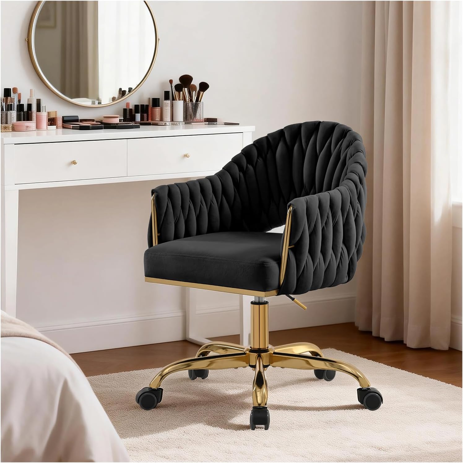 Vanity Chair with Wheels Velvet Desk Chair,Height Adjustable Vanity Chair with Gold Metal Base and Hand Weaving Back,Upholstered Tufted Home Office Chair for Living Room,Bedroom,Office (Black)