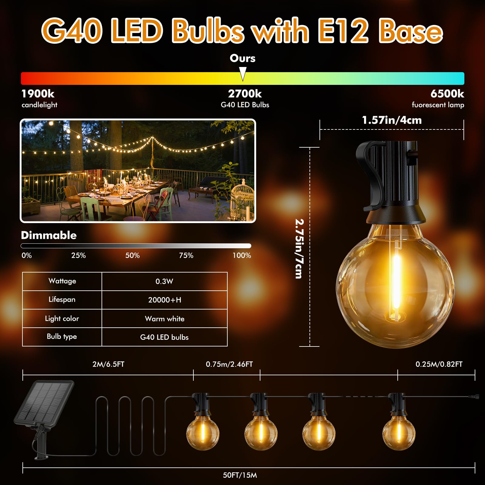 Solar String Lights Outdoor Garden- 15M Shatterproof & Waterproof G40 LED Bulbs, Remote Control w/4 Dimming - Image 3