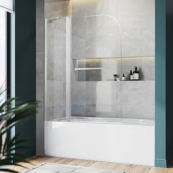 Bathroom Shower Glass Door, Tub Shower Glass Door 43*58 Screen Panel Tempered Glass, Frameless Pivot Shower Door Polished Silver with Handle
