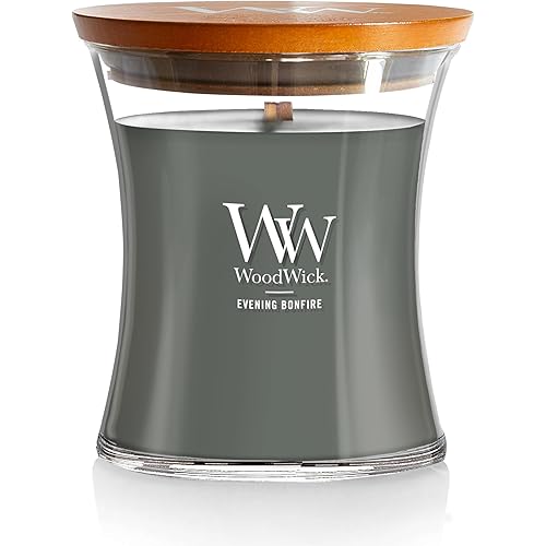 WoodWick Medium Hourglass Candle Evening Bonfire Scented with Premium Soy Blend Wax Pluswick Innovation Wood Wick Fall Decor Fragrance