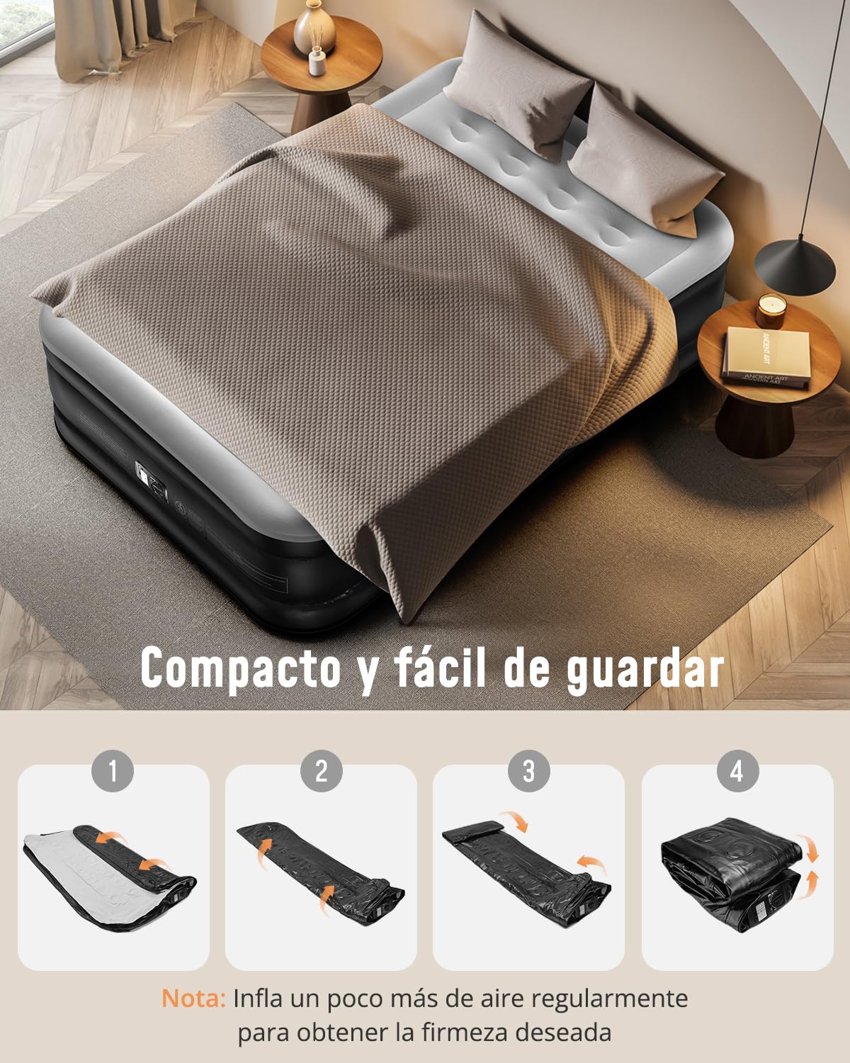 Airefina Colchon Hinchable con Bomba Eléctrica Incorporada, Colchón Hinchable Matrimonio en 3 Minutos, Superficie Acolchada Cama Hinchable, Cama de Aire Portátil para Casa Camping 137 x 190 x 46cm
