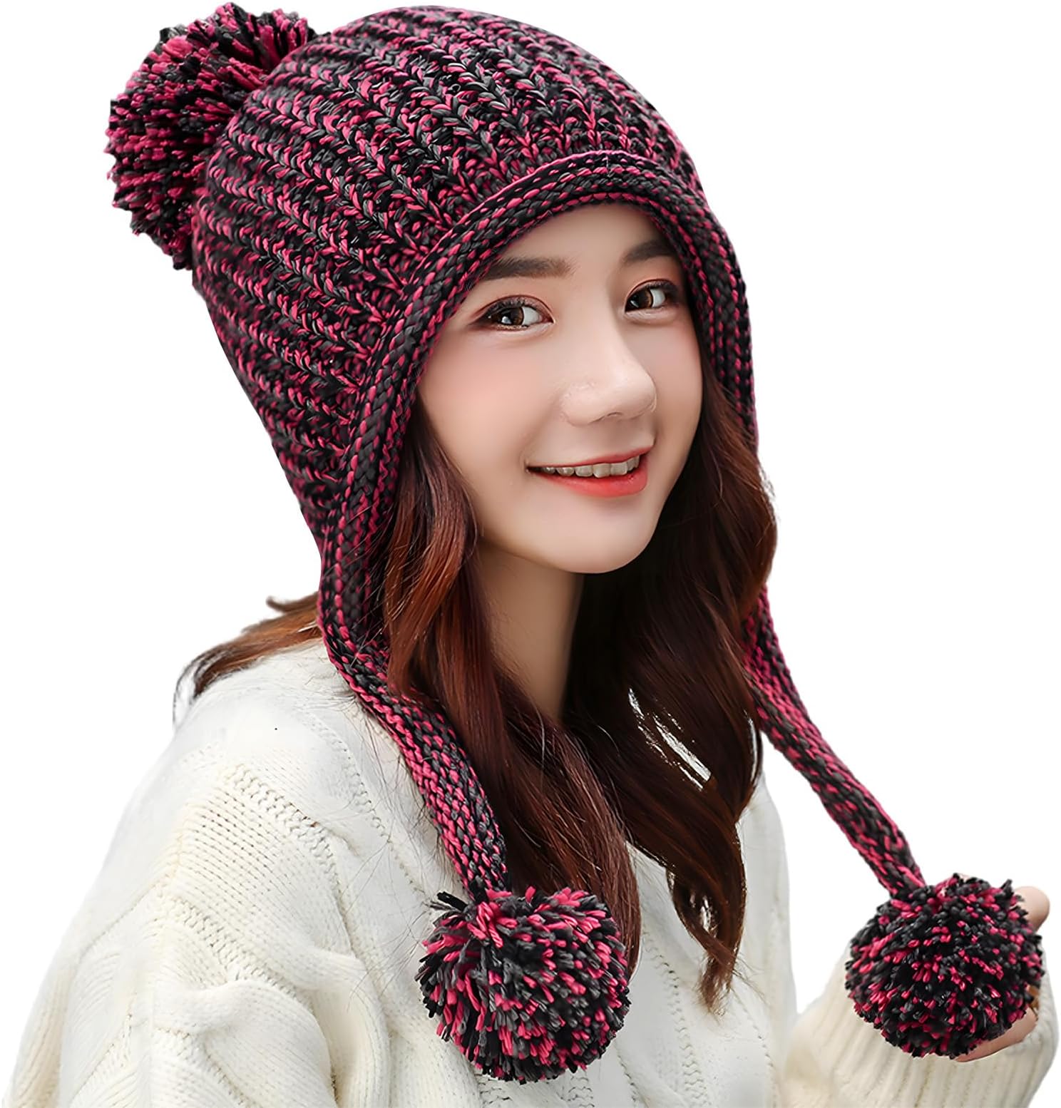 Women Winter Peruvian Cover Ears Beanie Hat Ear Flaps Sherpa Ski Snow Hats Knit Fleece Lined 3 Pom Pom