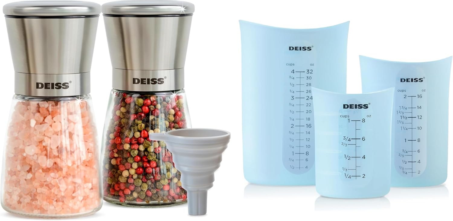 Deiss PRO Salt and Pepper Mill Set and Deiss PRO 3 Piece Silicone Measuring Cup Set