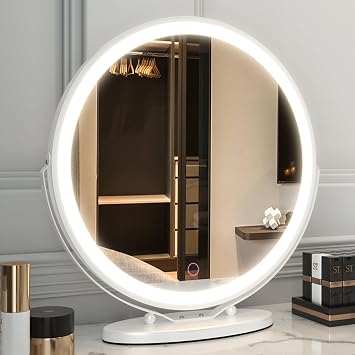 LVSOMT 20" Large Makeup Vanity Mirror with Lights, LED Lighted Circle Mirror, High Definition Round Tabletop/Desk Mirror with 3 Color Dimmable Lighting Modes & Touch Screen White