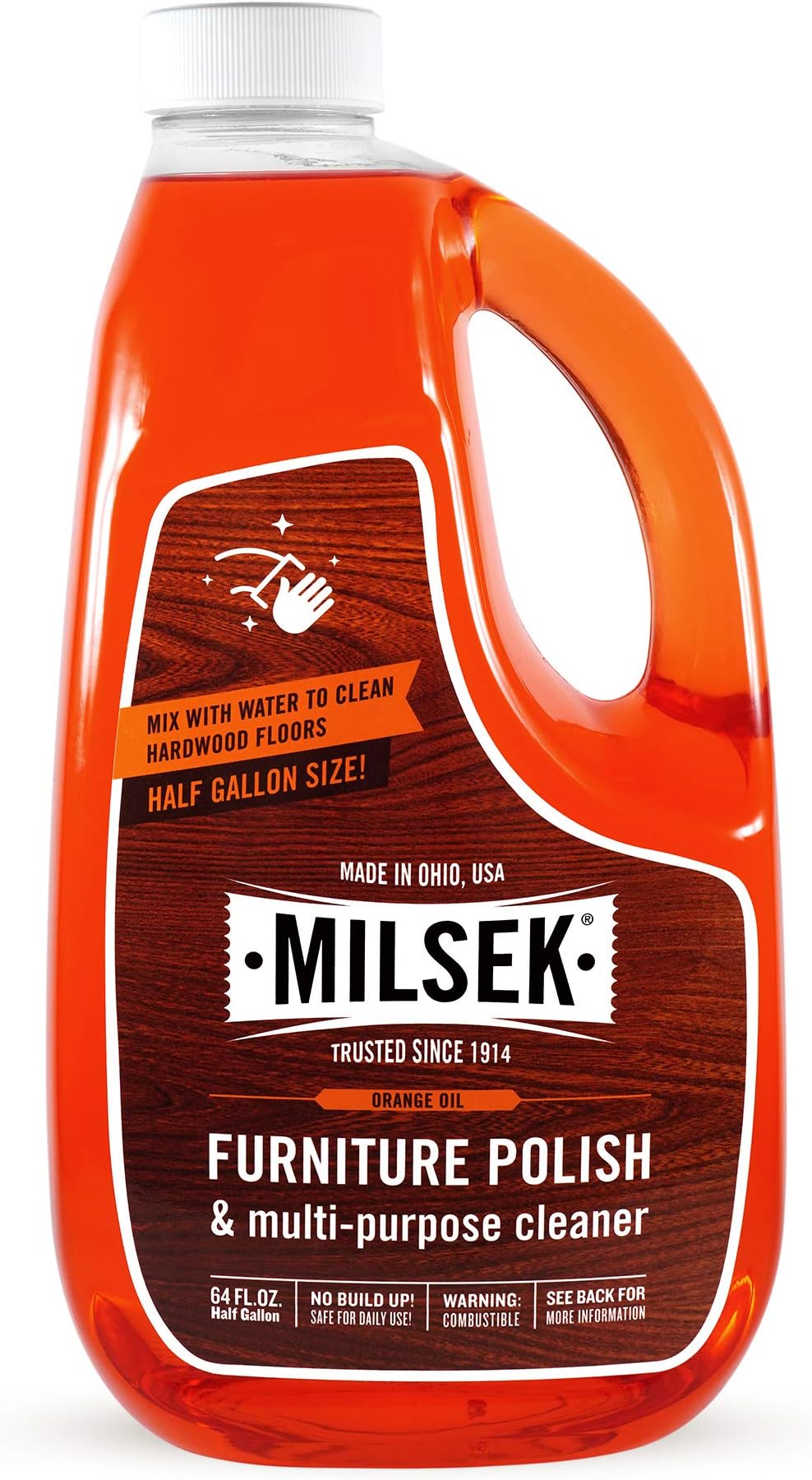 Milsek Furniture Polish and Wood Cleaner with Orange Oil - Multipurpose Cleaning Supplies for Home and Household from Hardwood Floors to Kitchen Cabinets- 64 Fl Oz (Pack of 1)