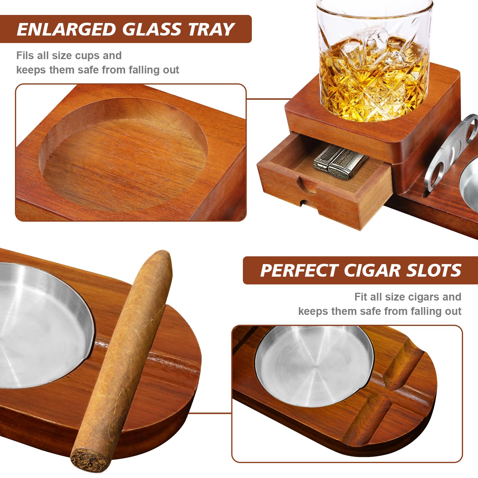 Posacenere in legno per sigari, Posacenere per sigari con vassoio per whisky e porta sigari, accessori per fumatori da uomo, regali per gli uomini per Ufficio e Tempo Libero o bar, compleanno