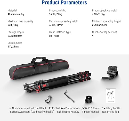 Miniatura 9 de NEEWER Trípode horizontal de 73.6 pulgadas con columna central multiángulo, cabeza esférica y plataforma de eje central, trípode de cámara de