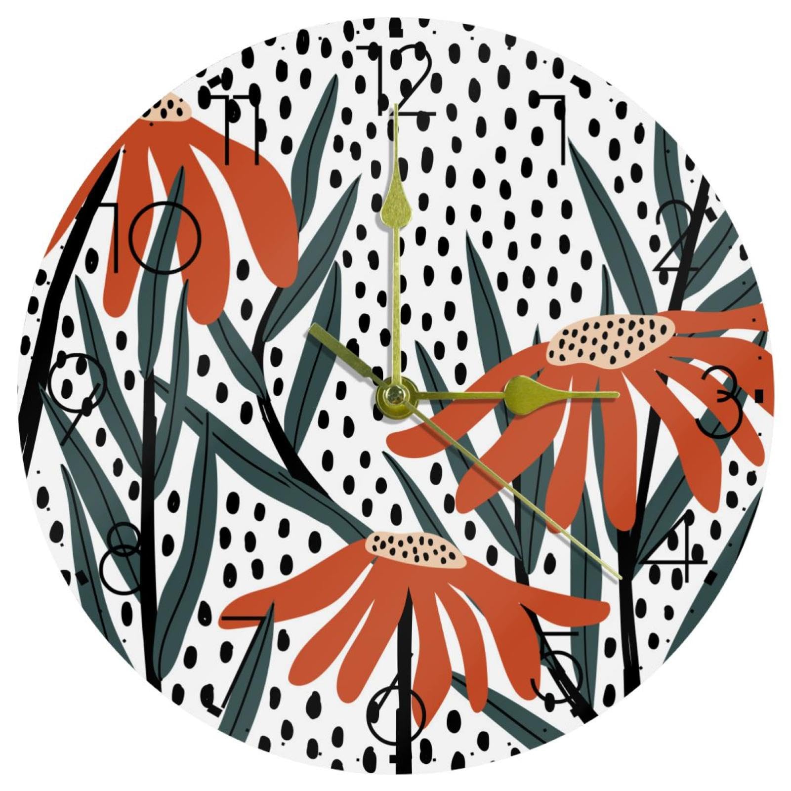 Horloge murale silencieuse fleurie style rétro à pois 25cm