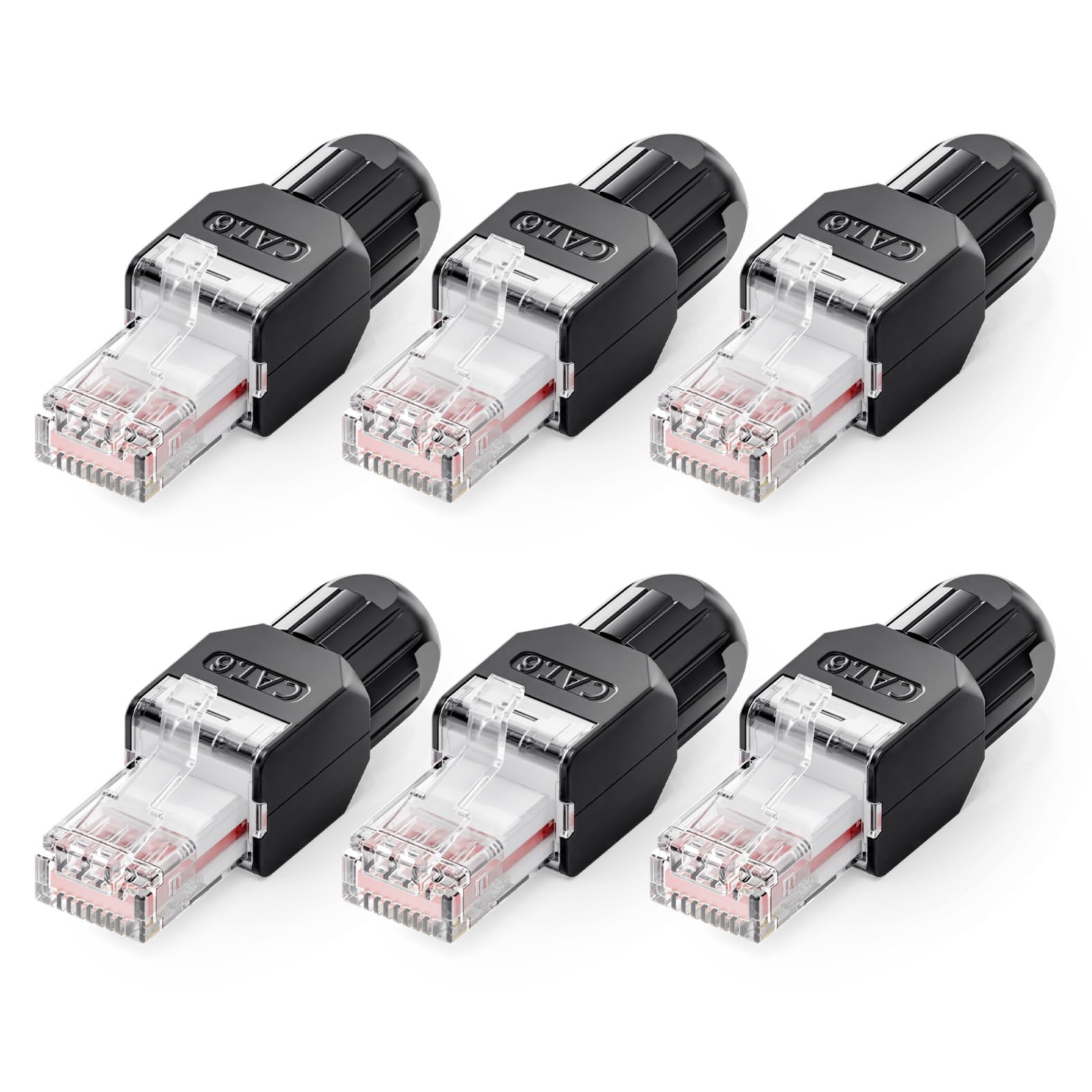 VCELINK Cat6 Conector RJ45 Sin Herramientas LSA, 1000 Mbps/250 MHz, Compacto y Reutilizable, Clavija RJ45 UTP Bañado en Oro para Cable de Red AWG 23-26, Compatible con PoE, Negro, 6 Unidades