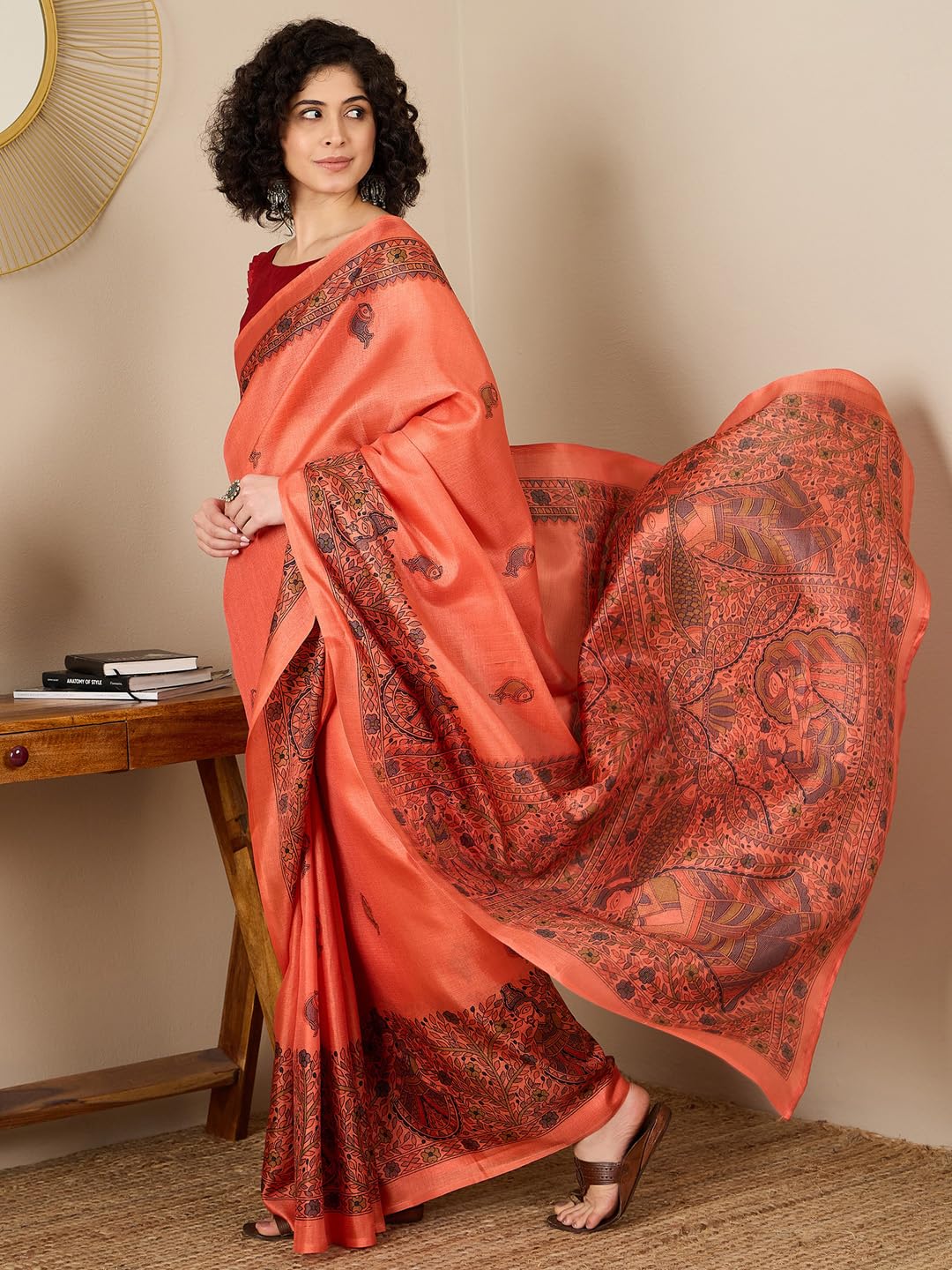 SAREE MALL Women's Orange Tussar Silk Madhubani Printed Ready To Wear one Minute Saree With Unstitched Blouse (RTWFF0MDB8404E_HS) 2