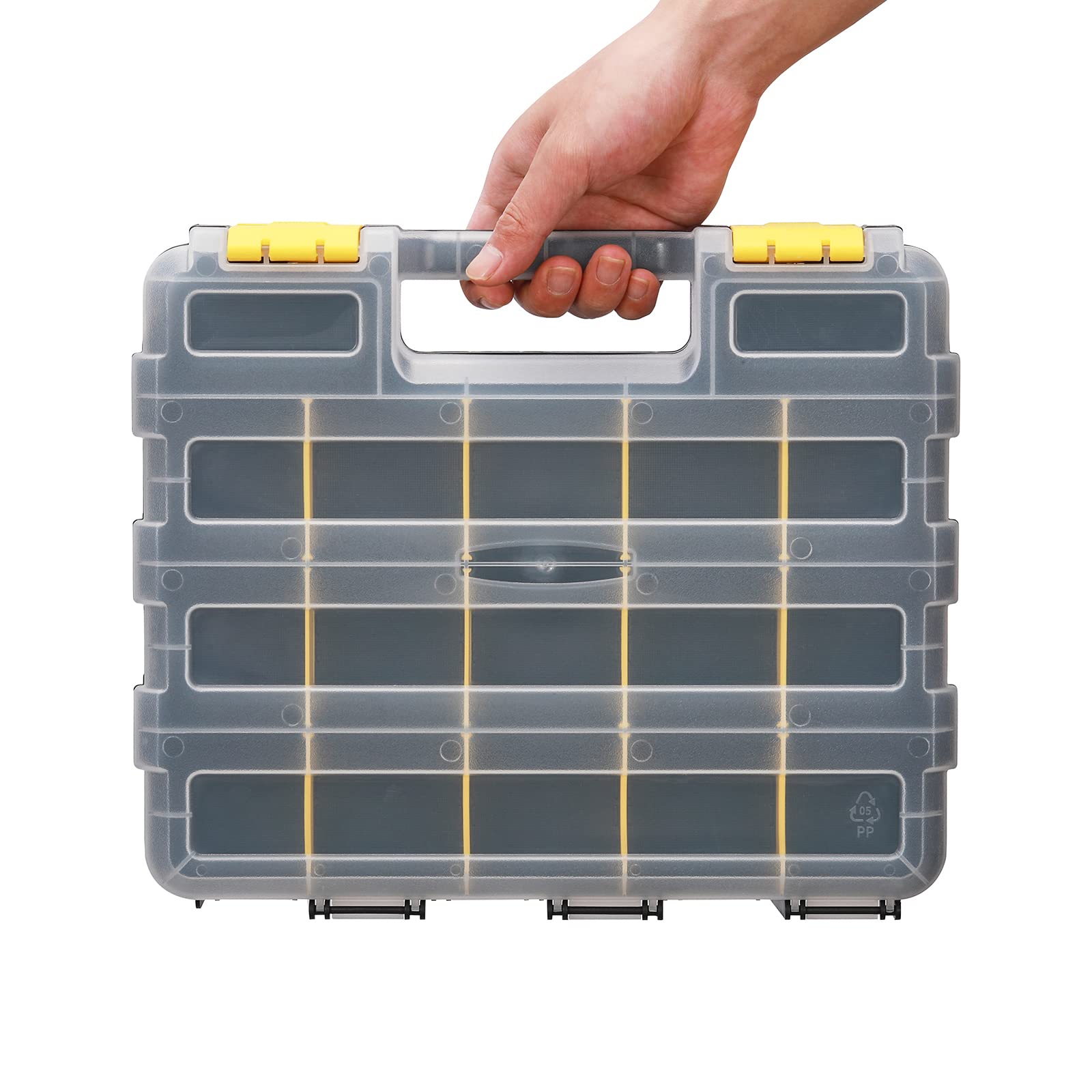 EMENTOL 2 organizer doppio lato per attrezzi con divisori in plastica personalizzabili/rimovibili, custodia per viti, dadi, chiodi, bulloni, 34 scomparti, nero/giallo