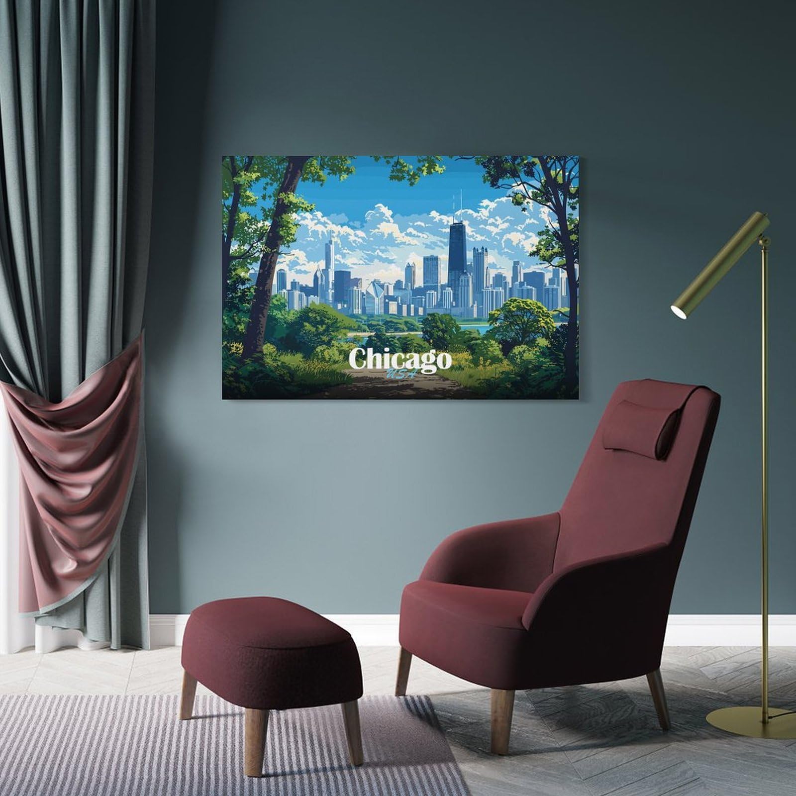 Junmoney Frame-Style-13 Chicago Skyline View Wall Decor Canvas Print, 20X30inch(50X75cm), For Lounge, Bedroom Or Personal Spaces, Thoughtful Wall Decor For Art Lovers