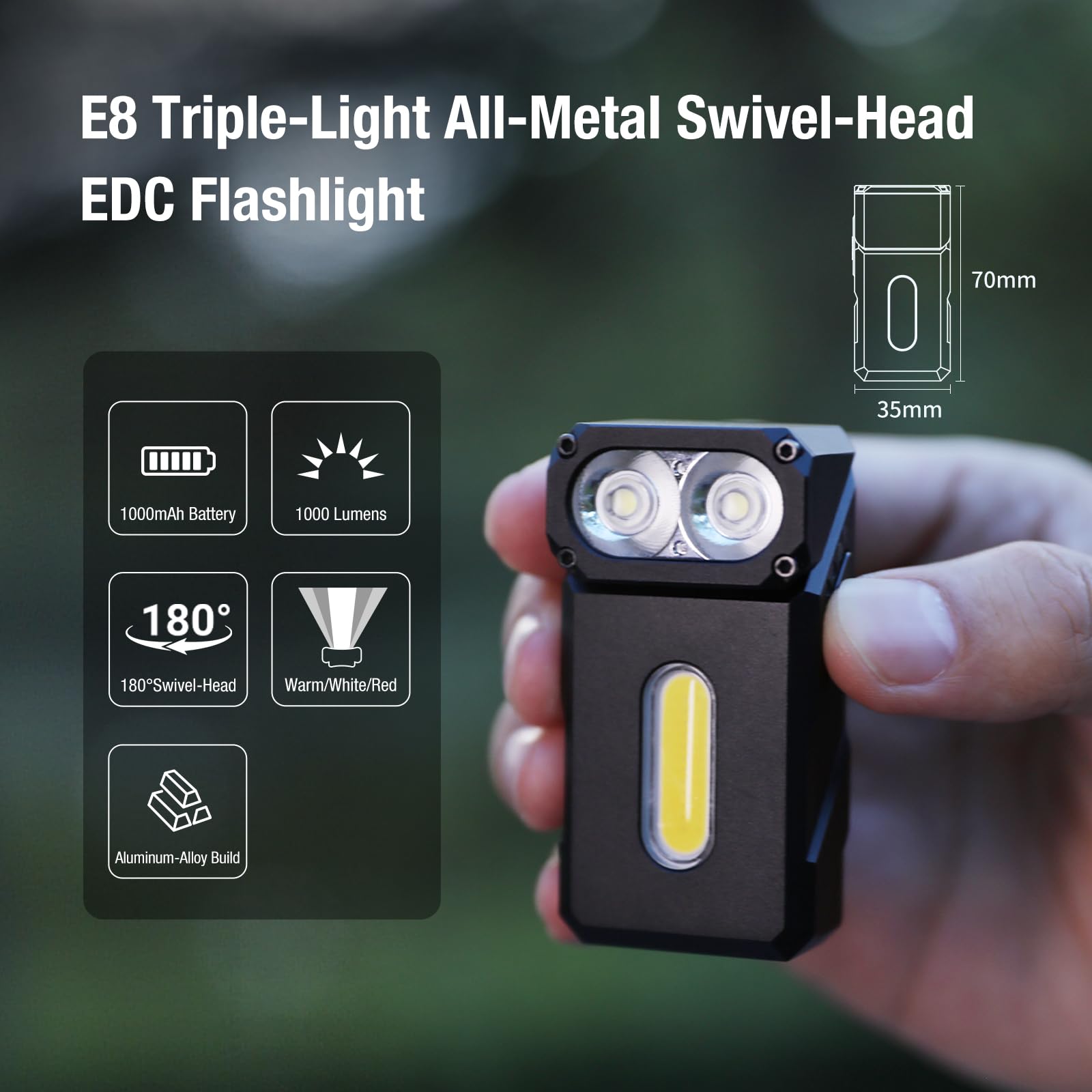 KLARUS E8 EDC Lampe de poche rechargeable,système triple lumière 1 000 lumens, tête pivotante à 180 °, design compact tout en métal avec aimant et clip de poche, lampe de travail étanche IPX6