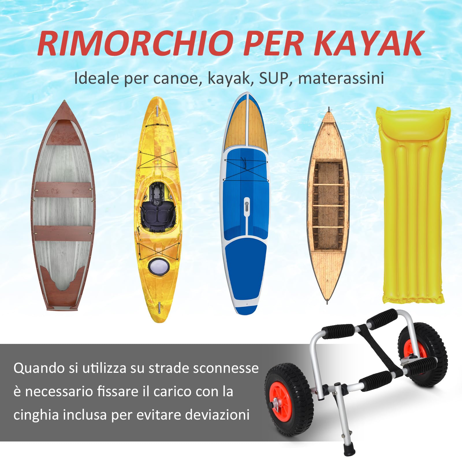 HOMCOM Carrello Porta Kayak, Trolley Carrello Porta Canoa Pieghevole in Alluminio con Imbottiture Antiscivolo