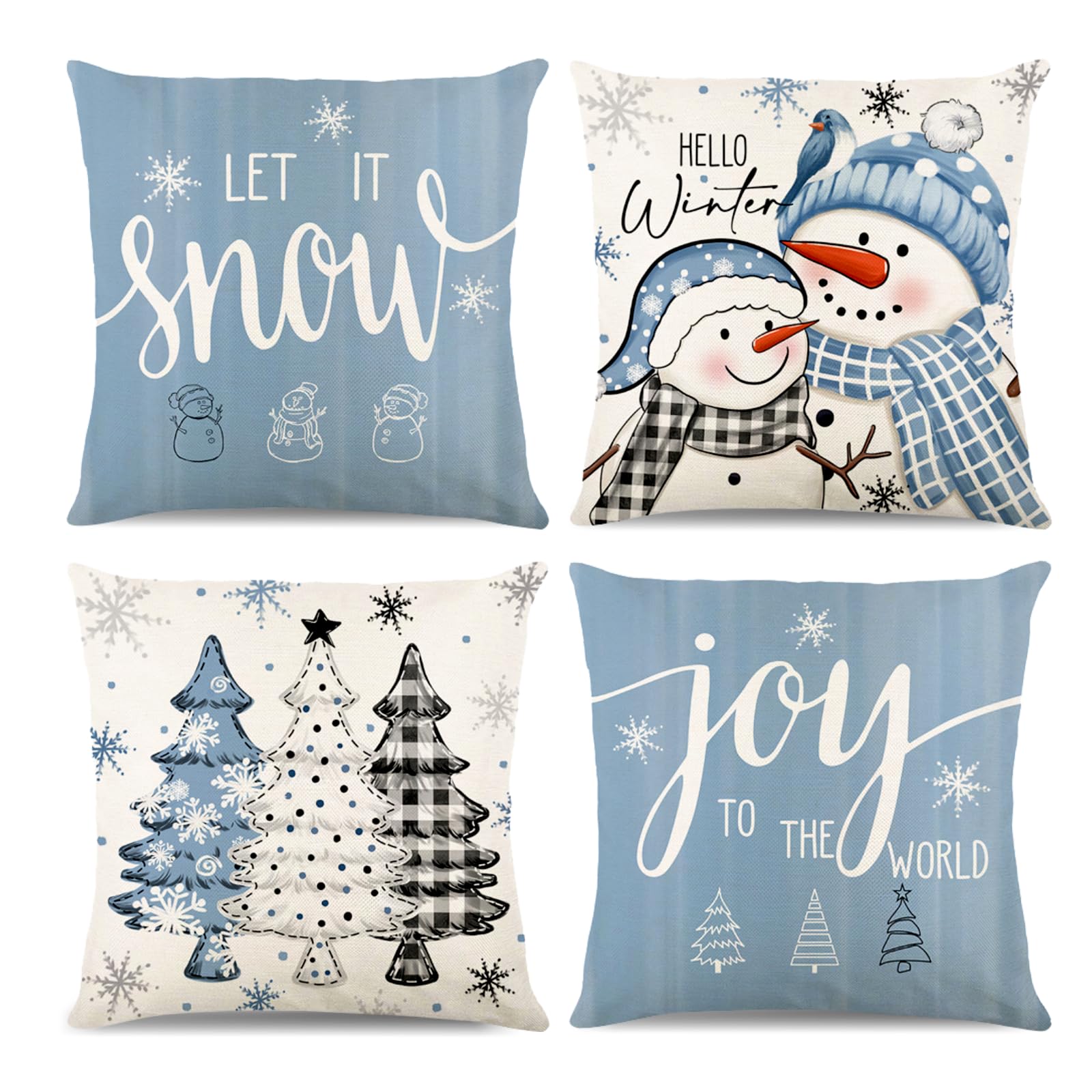 Housses de coussin de Noël bleues avec fermeture éclair invisible lot de 4