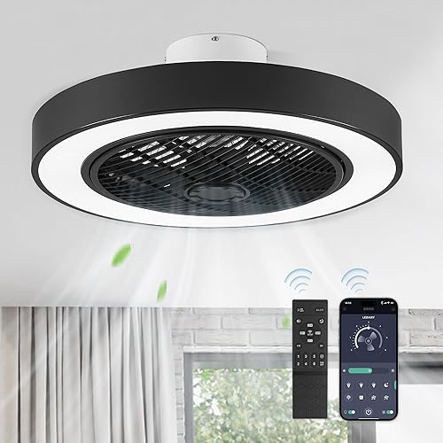 LEDIARY Ventilador de techo cerrado de 22 pulgadas con luz y control remoto, ventilador de techo negro moderno sin aspas con luz brillante,