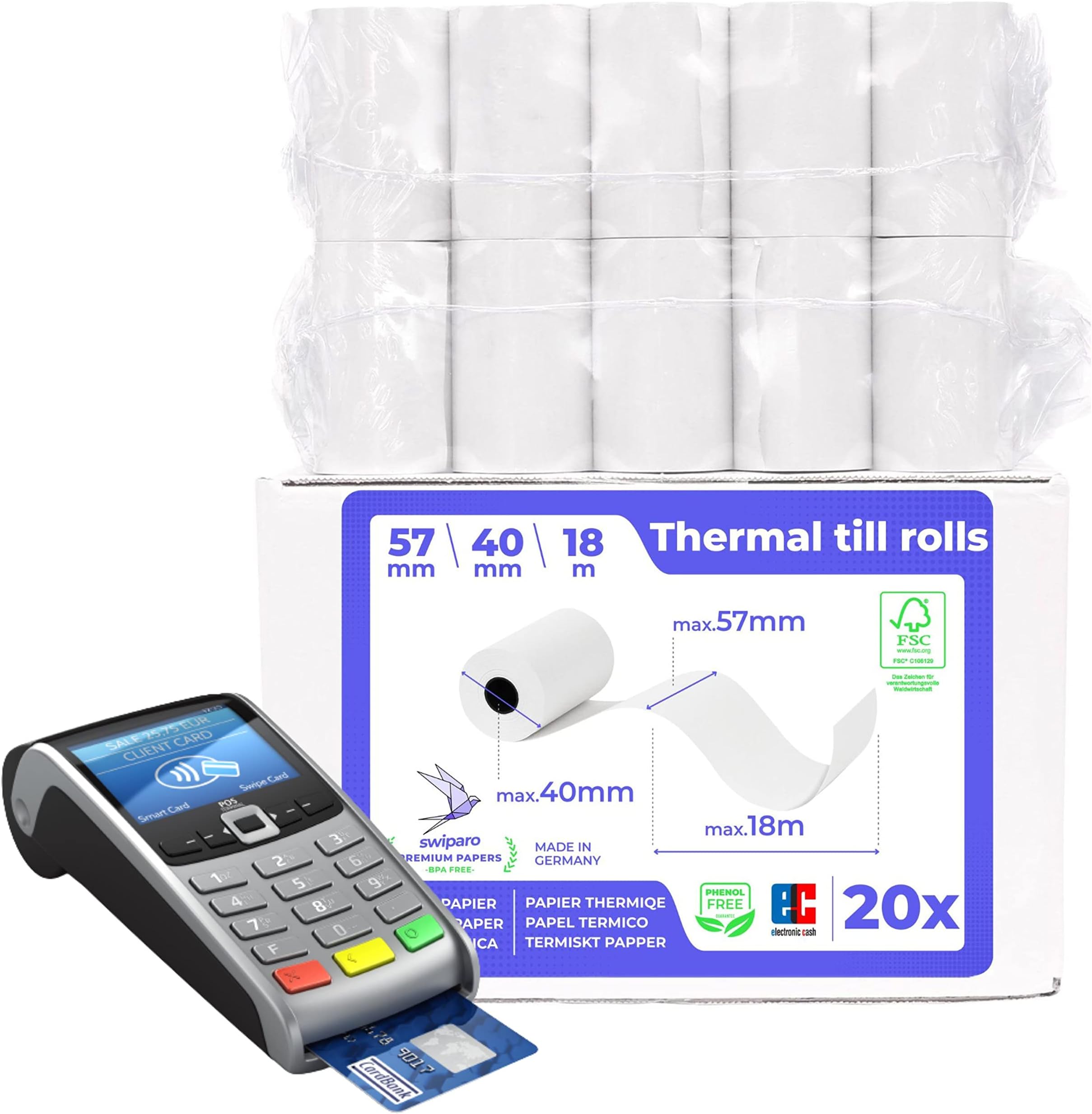 SWIPAROPremium Till Rolls 57x40 - PDQ Rolls for Credit Card Machine – Thermal Paper roll for Receipt - 57mm x 40mm BPA Free (57x40x12-Pack of 20)