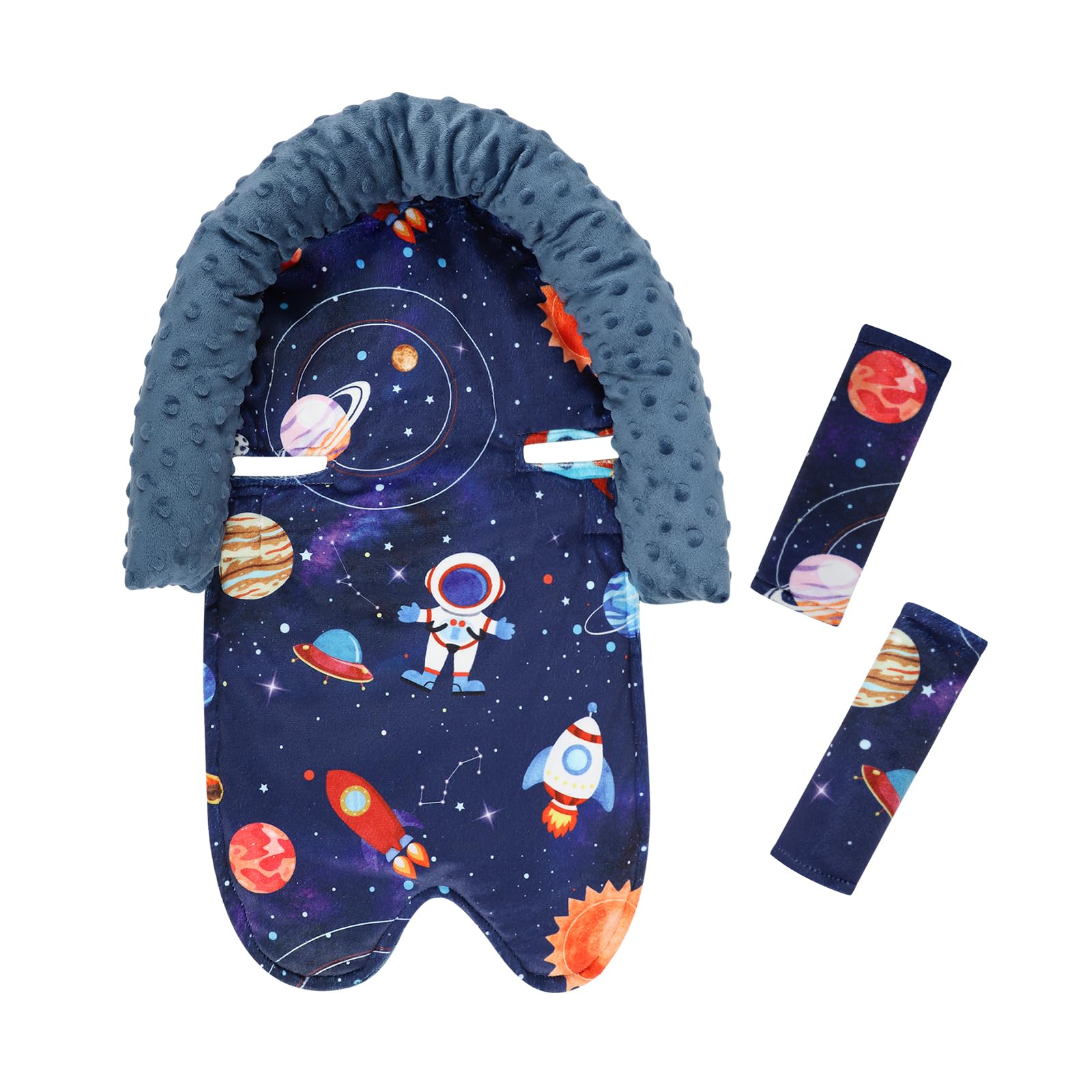 Baby Head Support and Strap Cover for Car Seat, Mink Infant Carseat Headrest for Girls, Newborn Car Seat Insert Cushion for Strollers, Space