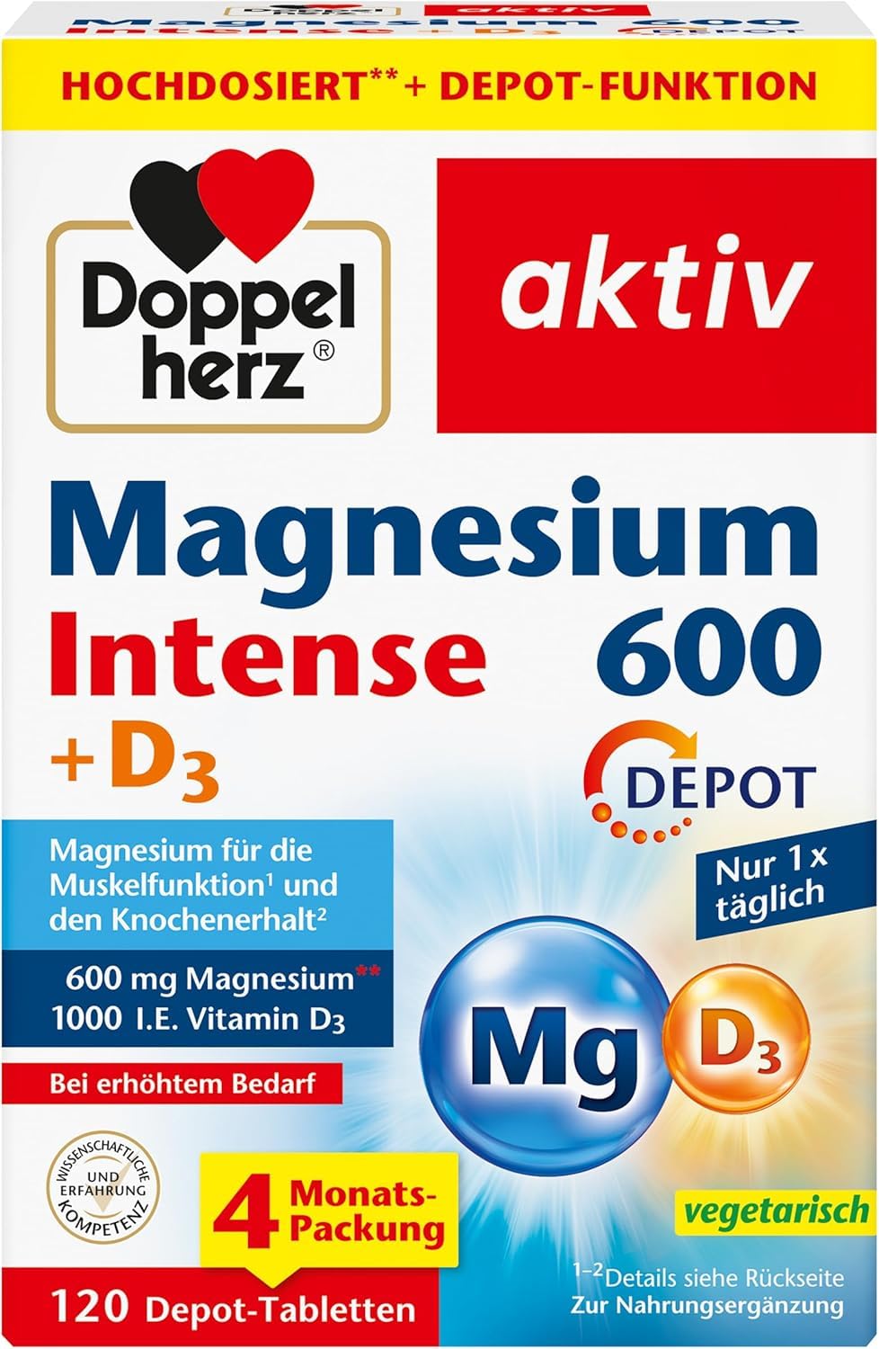 Doppelherz Magnesium 600 Intense DEPOT - 600 mg hochdosiertes Magnesium + 1000 I.E. Vitamin D pro Tablette - 120 DEPOT-Tabletten