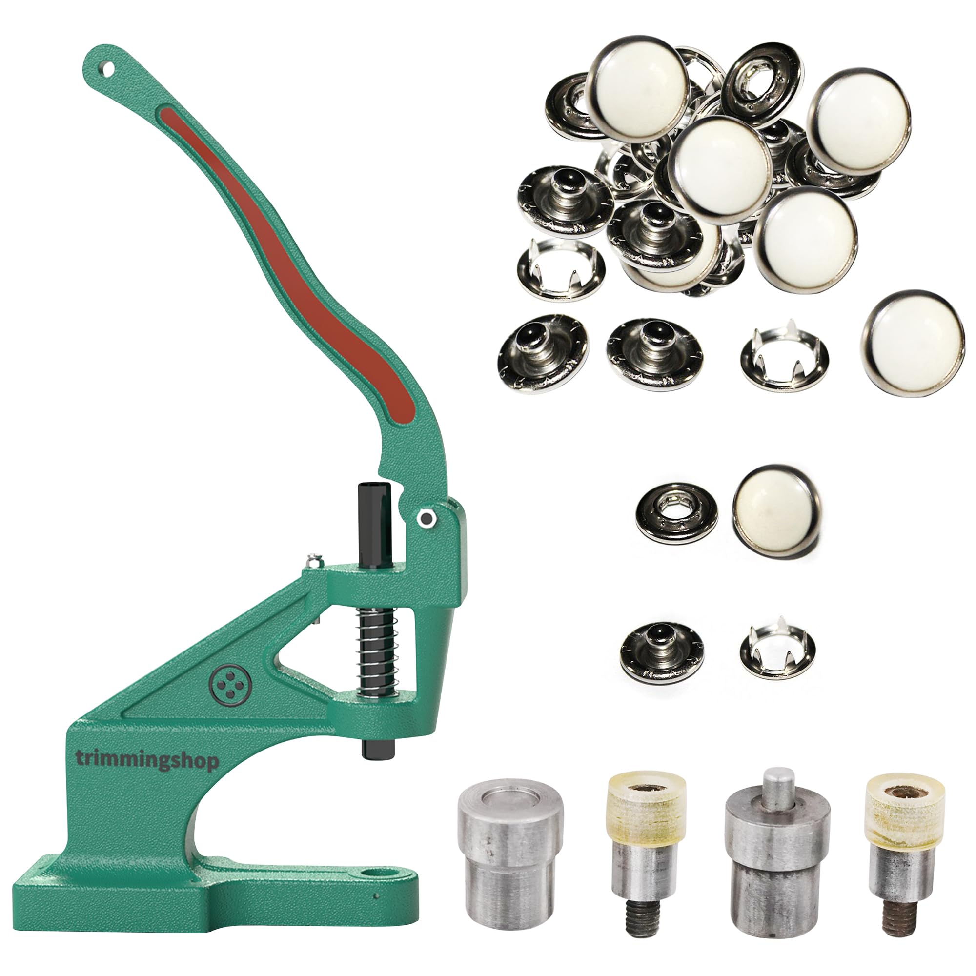 Trimming Shop Juego de 100 broches de presión de 12 mm, color blanco perla, botón de presión de metal con juego de troqueles de fijación y prensa manual universal The Green Machine para ropa de camisa