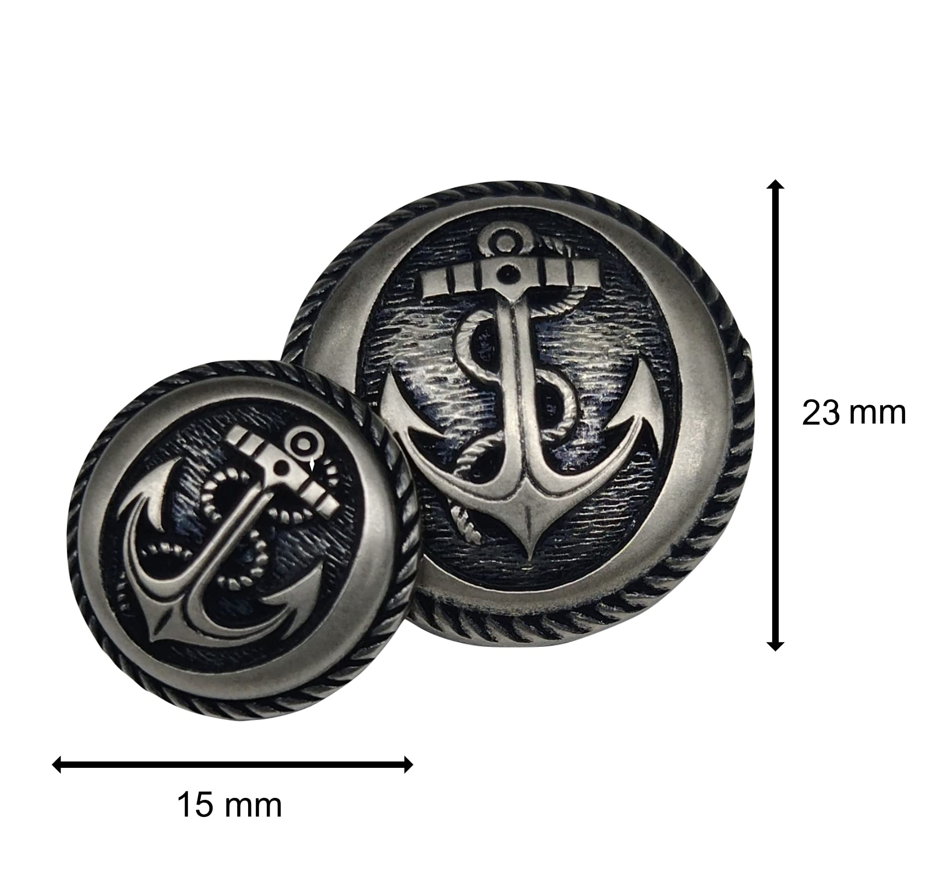 Bottoni in Oro e Argento con Ancora - Bottoni Blu Scuro - 2 Misure 15 e 23 mm - Prodotto e spedito dalla Spagna (Argento, 23 mm)