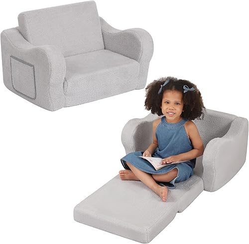 Comfy - Silla para niños pequeños, sofá plegable 2 en 1, sofá sherpa convertible para niños y niñas, color gris