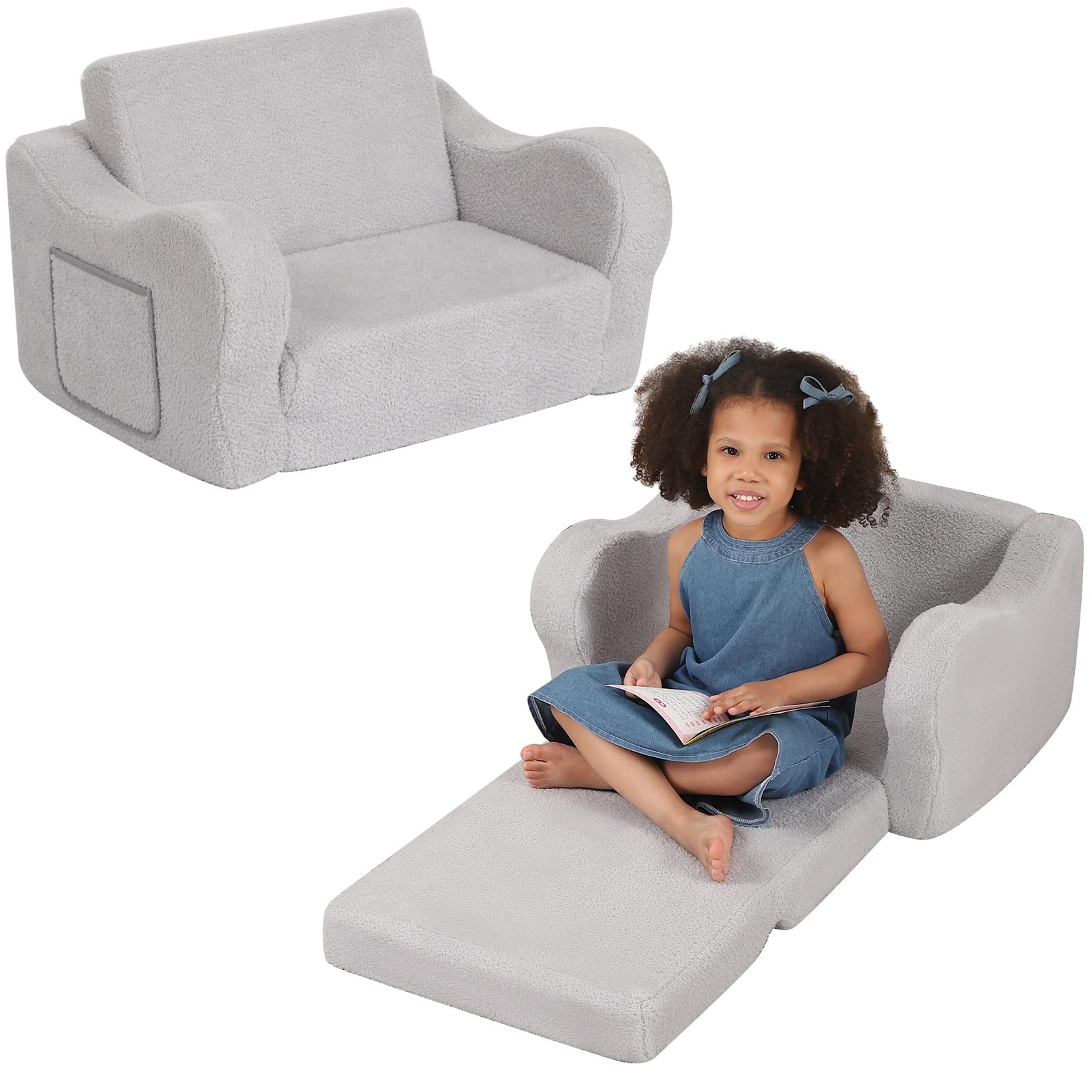 BestRoyal Comfy Toddler Chair, 2-in-1 Toddler Couch Fold Out, Convertible Sherpa Sofa to Lounger for Boys & Girls, Grey