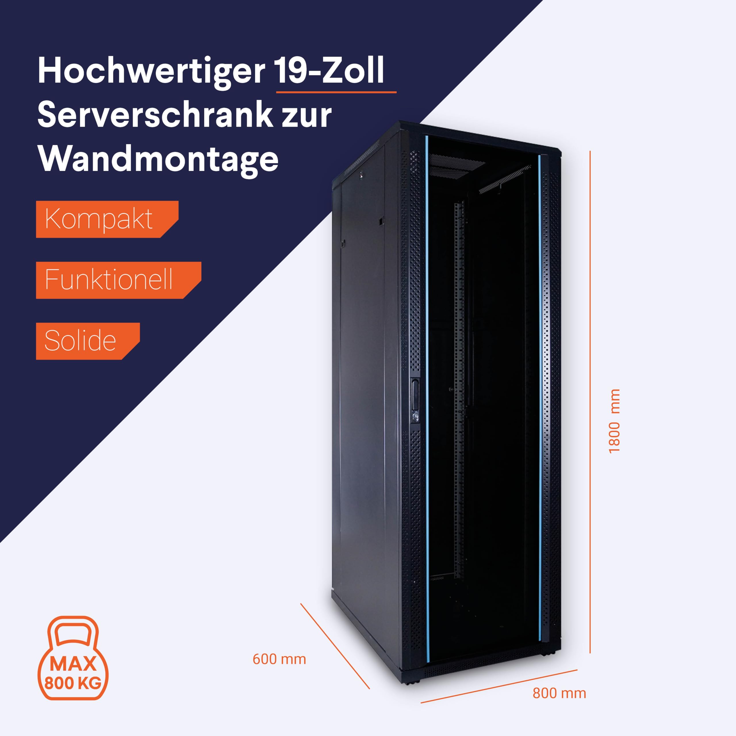 37HE 19 Zoll Serverschrank - Glastür - (BxTxH) 600x800x1800mm - Schwarz