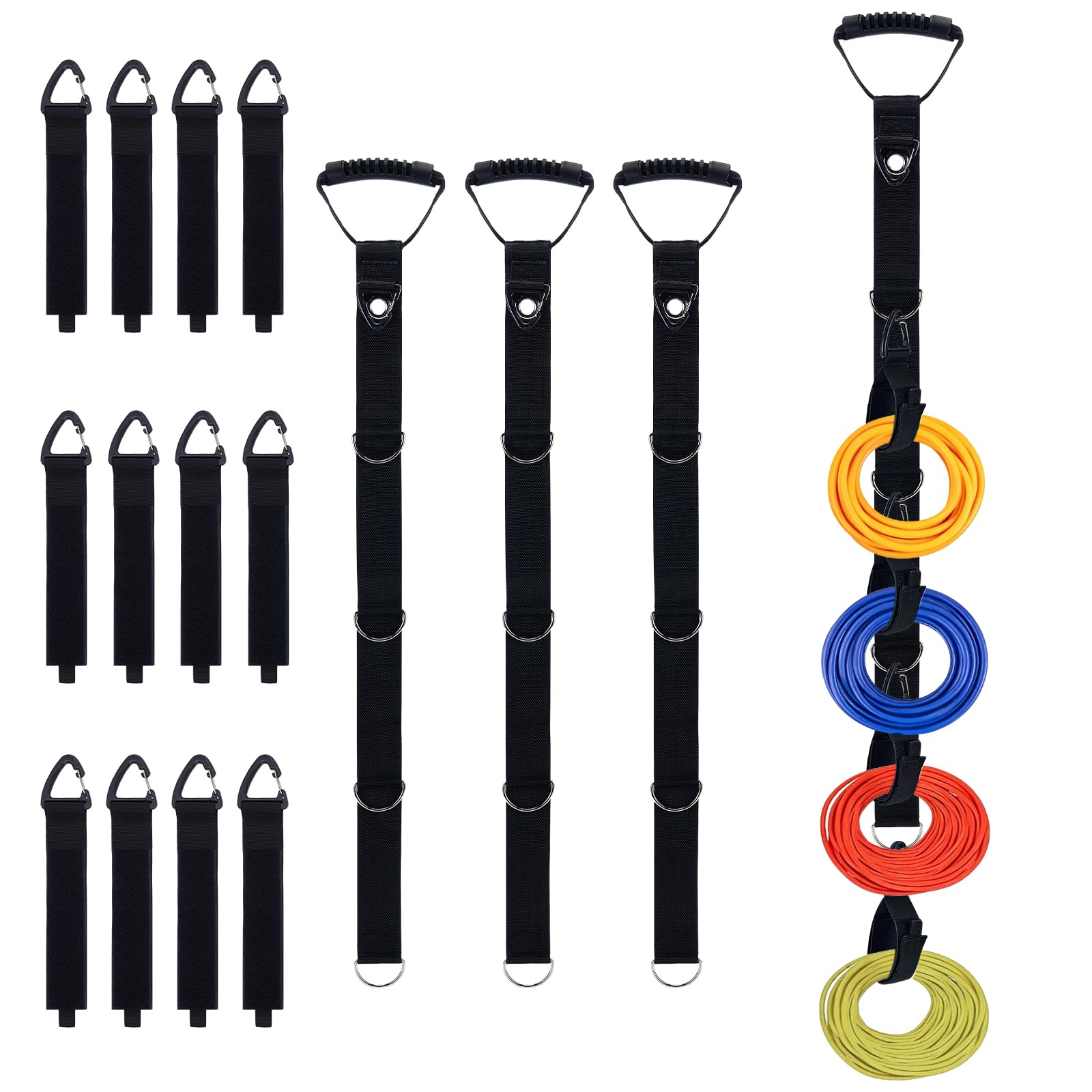 Juego de 4 correas organizadoras de cable de extensión, cable resistente y correa de transporte de manguera con asa, correas de almacenamiento flexibles para cables de espacio vertical