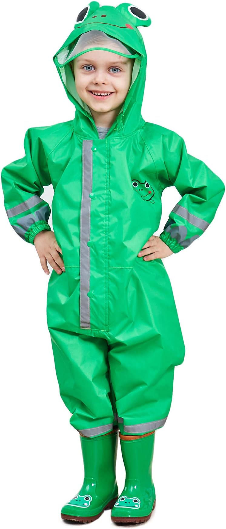 3D Cute Raincoat Kids Waterproof Breathable Rainsuit All in One Puddle Suits Boys Girls Hooded Muddy Suit with Reflector Lightweight PVC Transparent Hat Brim for Kids Green S 3-5 Years