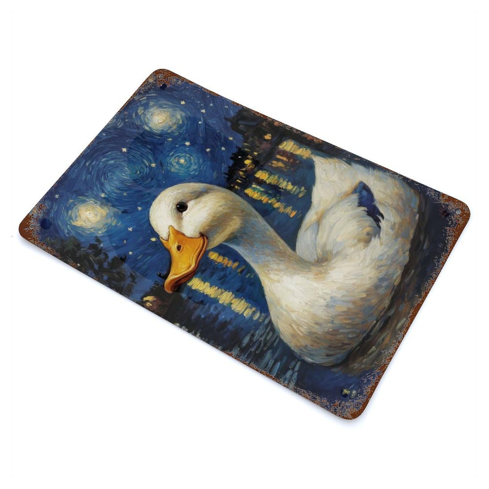 Distressed Metal Wall Sign with Starry Night Duck Design 11.8"x7.9", for Shed, Workshop And Garage Wall Decor, Decorative Metal Wall Art