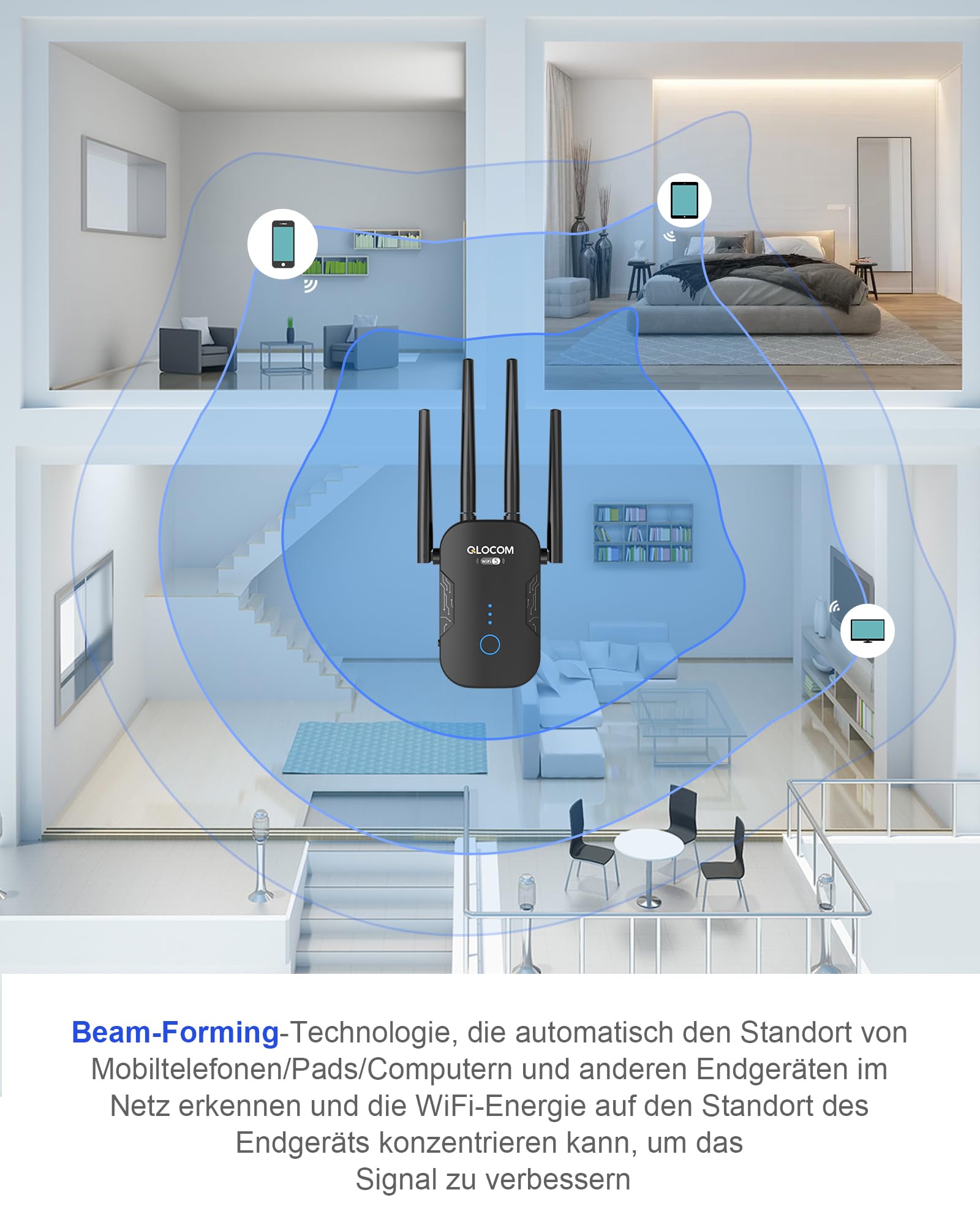 2026 Neuestes WLAN Verstärker 1200Mbit/s WLAN Repeater, Dualband 5GHz & 2.4GHz WiFi Booster mit WPS, WiFi Internet Verstärker Kompatibel Allen WLAN Geräten