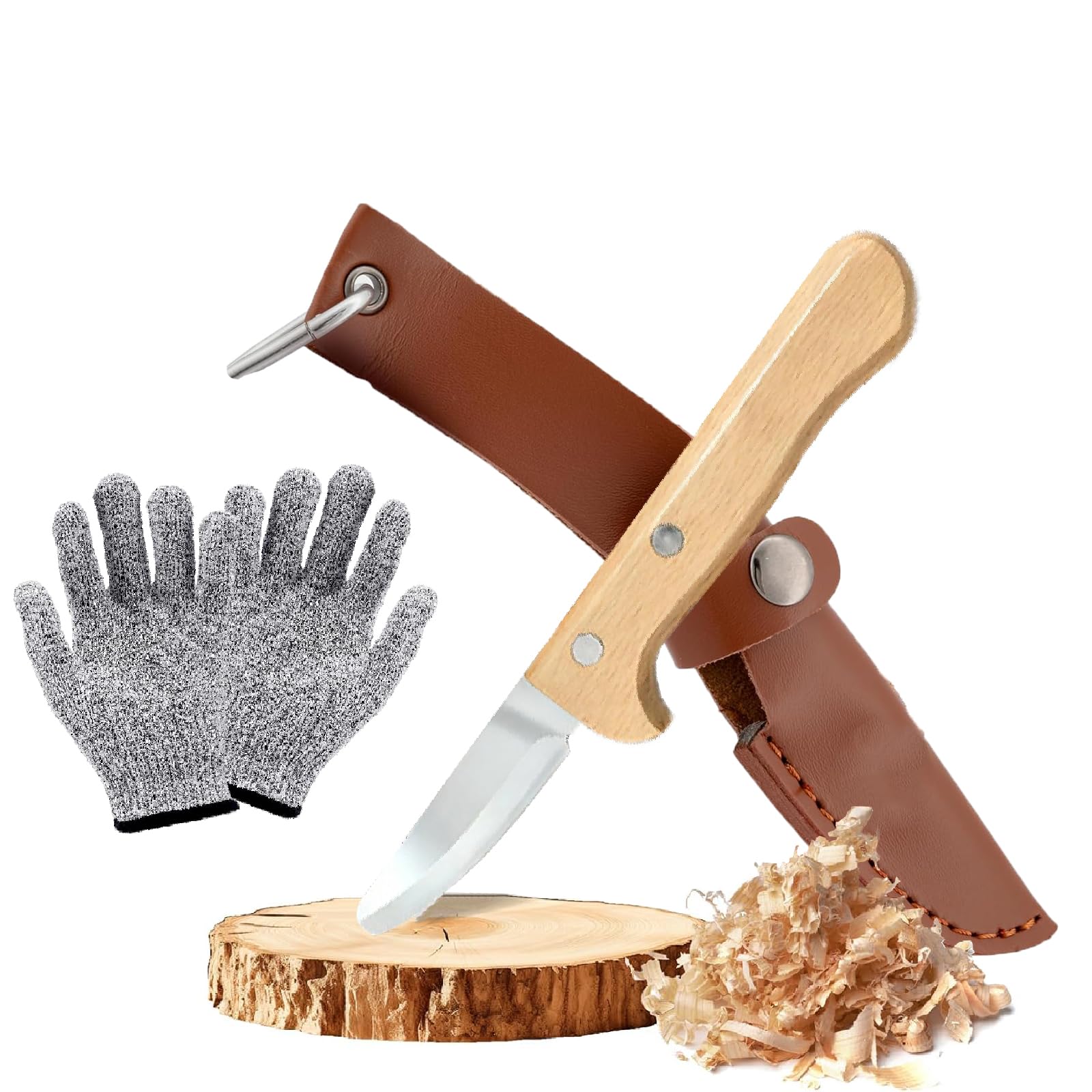 Schnitzmesser für Teenager mit Ledertasche und schnittfeste Handschuhe, Kindermesser Schnitzset Edelstahl Taschenmesser Outdoor Messer Schnitzwerkzeug, für Bastelarbeiten Camping Outdoor-Aktivitäten