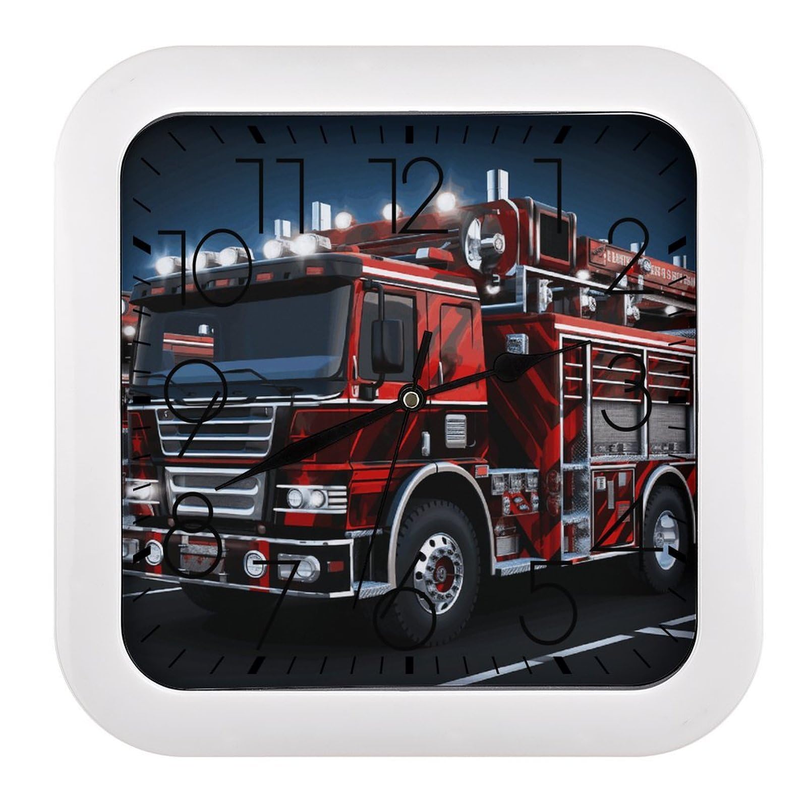 Horloge carrée sans tic-tac camion de pompiers rouge pour éliminer les bruits de cuisine
