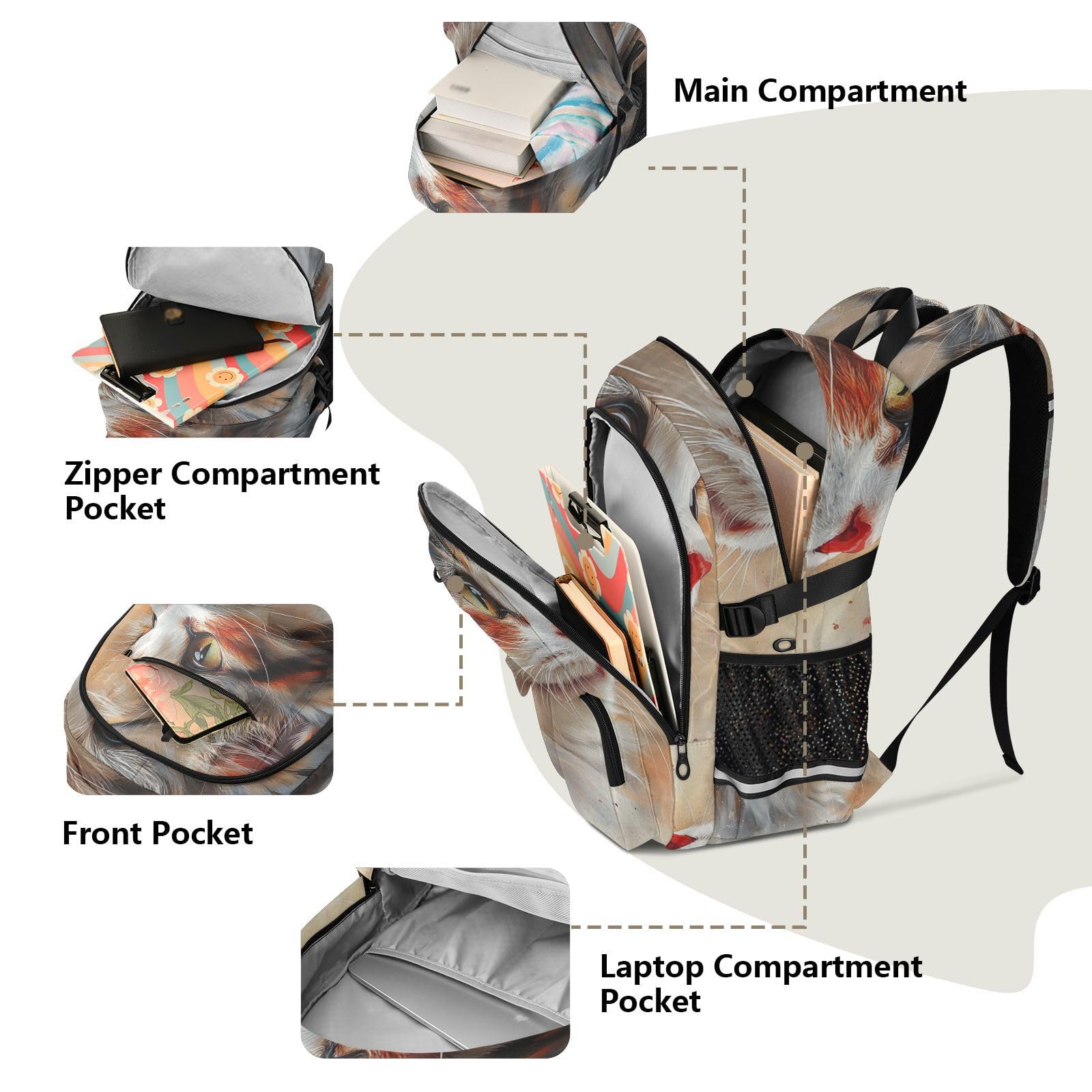 Grand sac à dos de voyage pour homme - Motif chat mignon - Style bohème - Pour adolescents et garçons - 44,5 cm