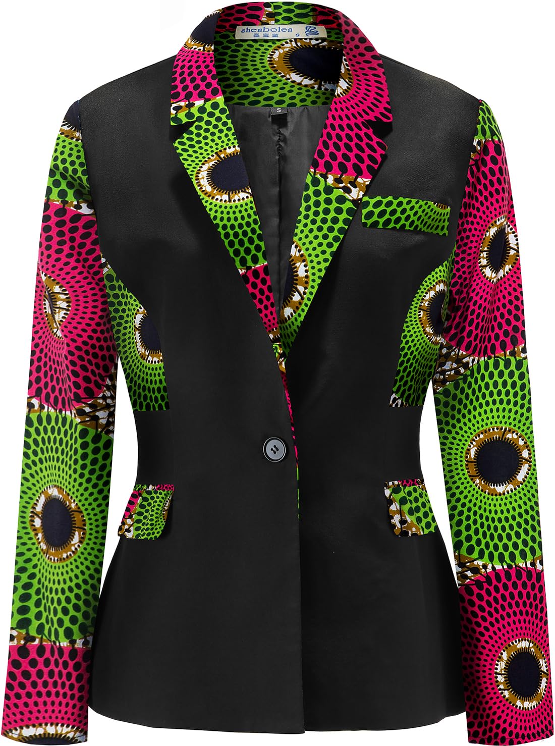 SHENBOLEN Damen-Mantel mit afrikanischem Druck, gekerbtes Revers, Tasche, Blazer